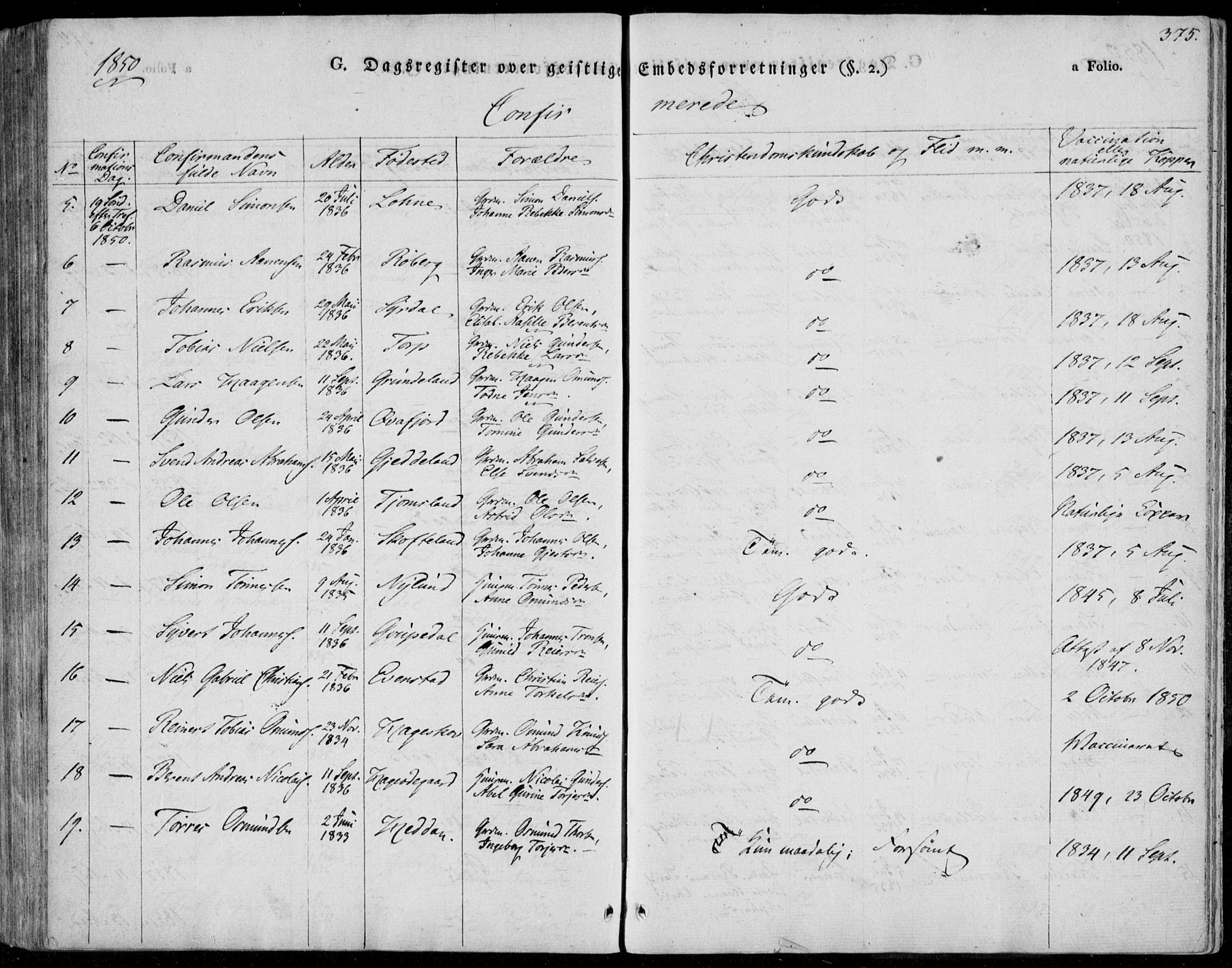 Sør-Audnedal sokneprestkontor, SAK/1111-0039/F/Fa/Fab/L0006: Parish register (official) no. A 6, 1829-1855, p. 375