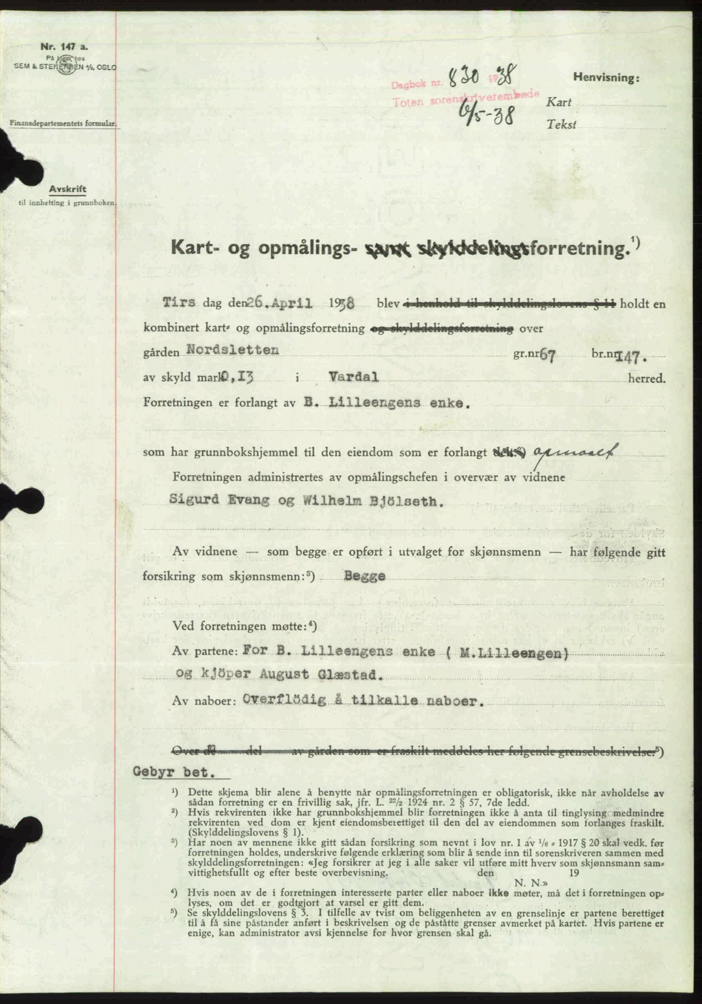 Toten tingrett, SAH/TING-006/H/Hb/Hbc/L0004: Mortgage book no. Hbc-04, 1938-1938, Diary no: : 830/1938