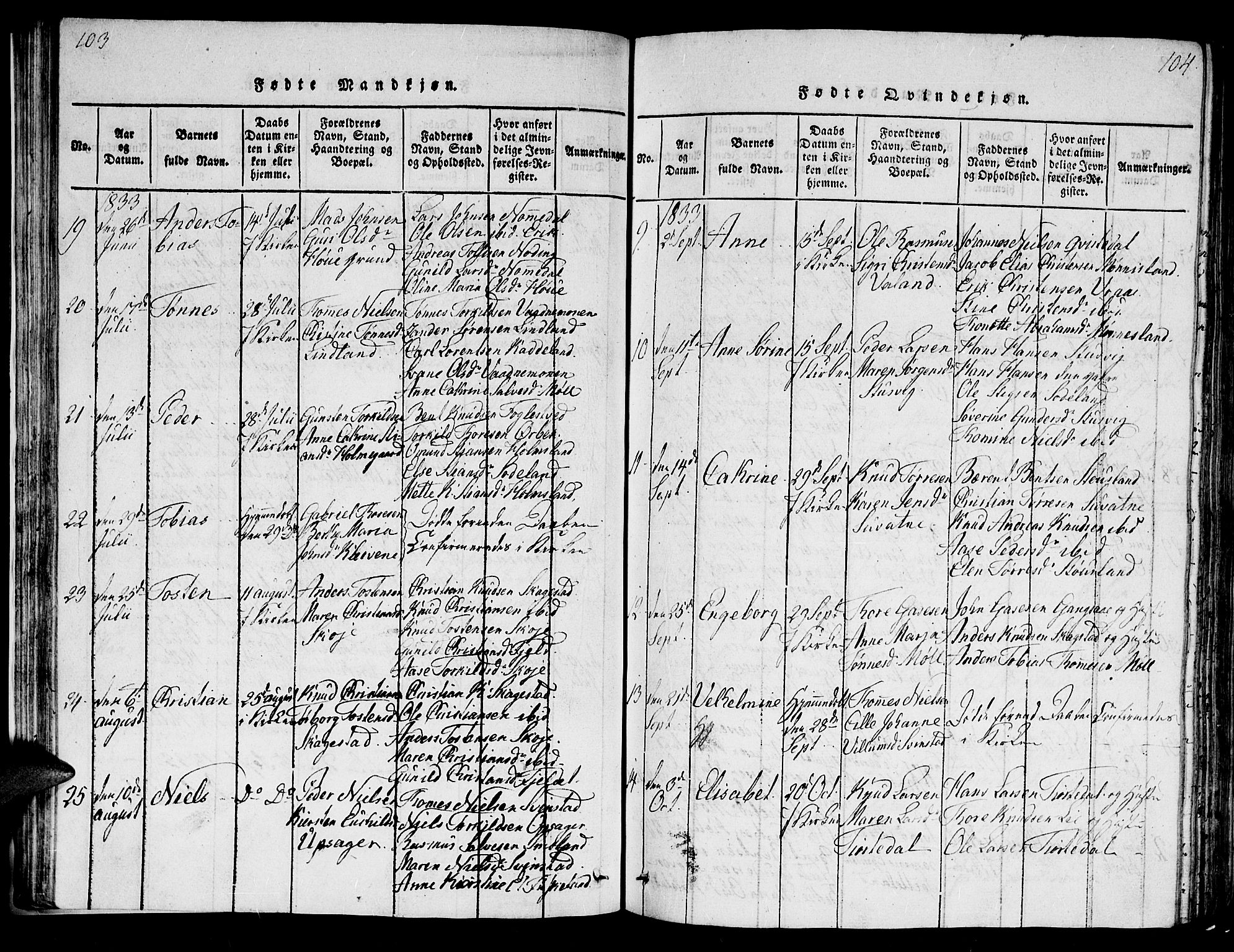 Holum sokneprestkontor, AV/SAK-1111-0022/F/Fb/Fba/L0002: Parish register (copy) no. B 2, 1820-1849, p. 103-104