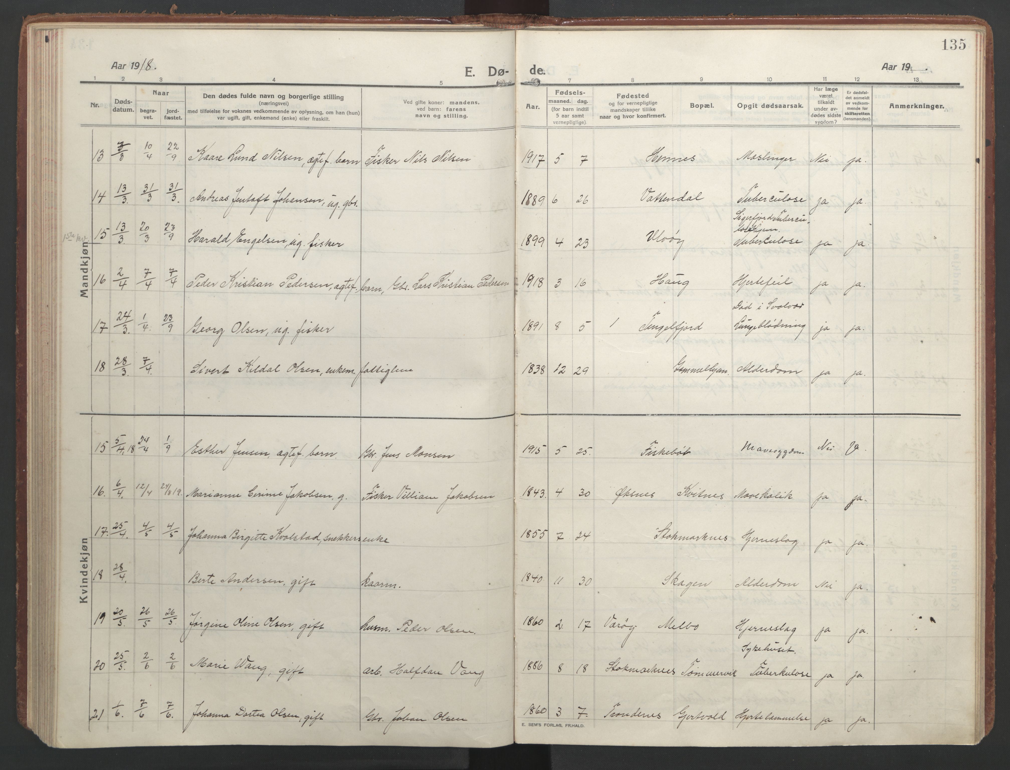 Ministerialprotokoller, klokkerbøker og fødselsregistre - Nordland, AV/SAT-A-1459/888/L1251: Parish register (official) no. 888A17, 1913-1925, p. 135