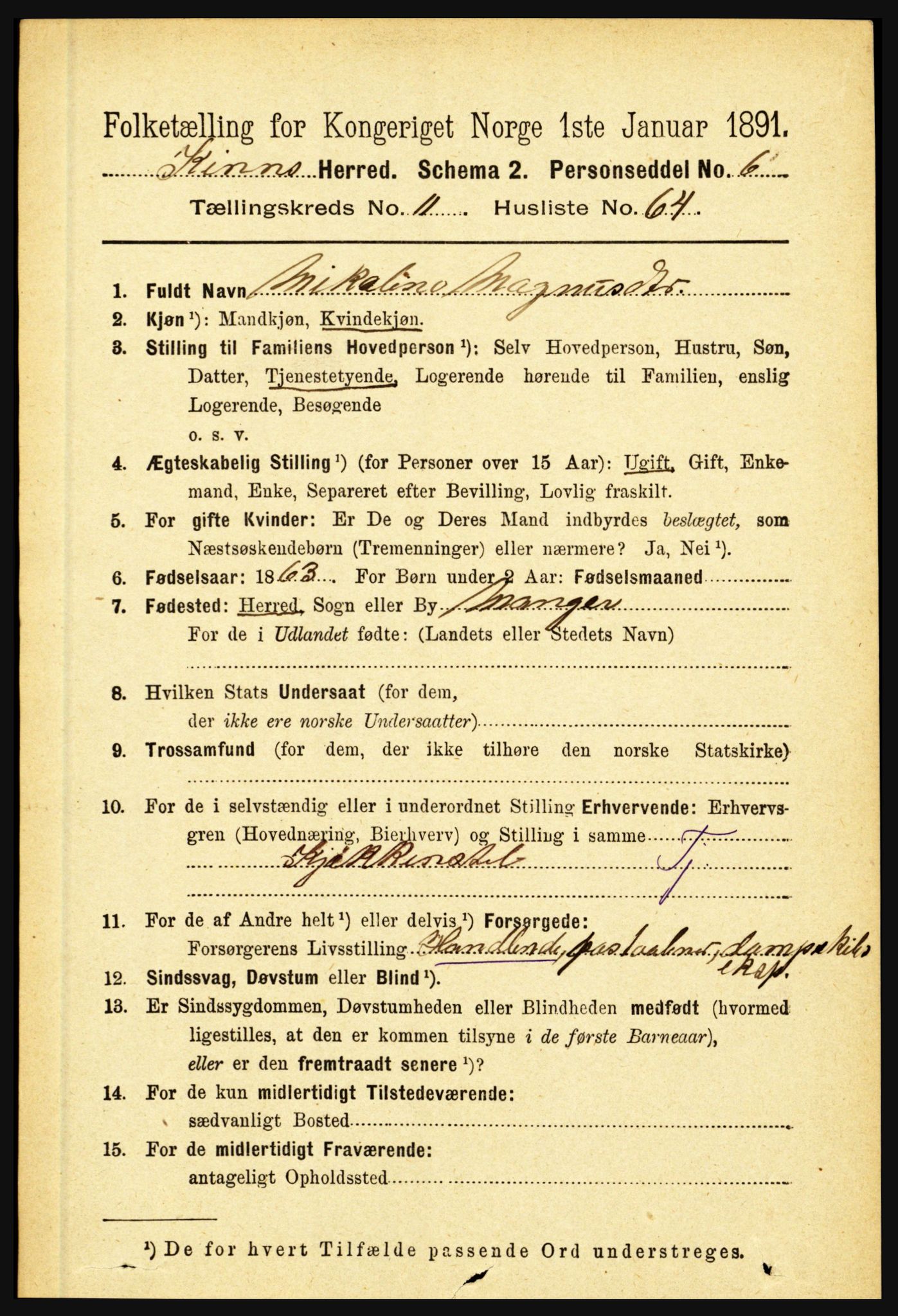 RA, 1891 census for 1437 Kinn, 1891, p. 4423