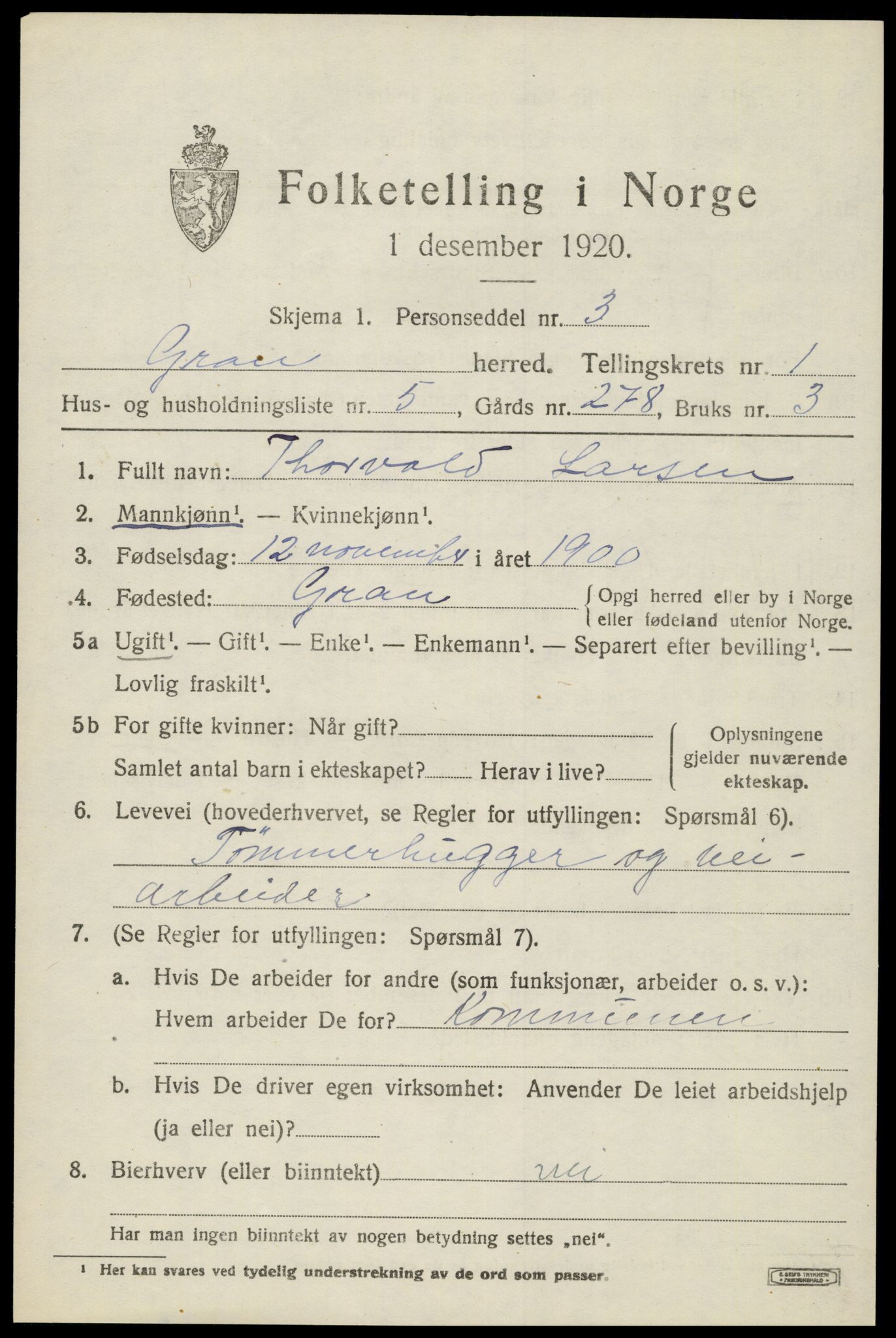 SAH, 1920 census for Gran, 1920, p. 1734