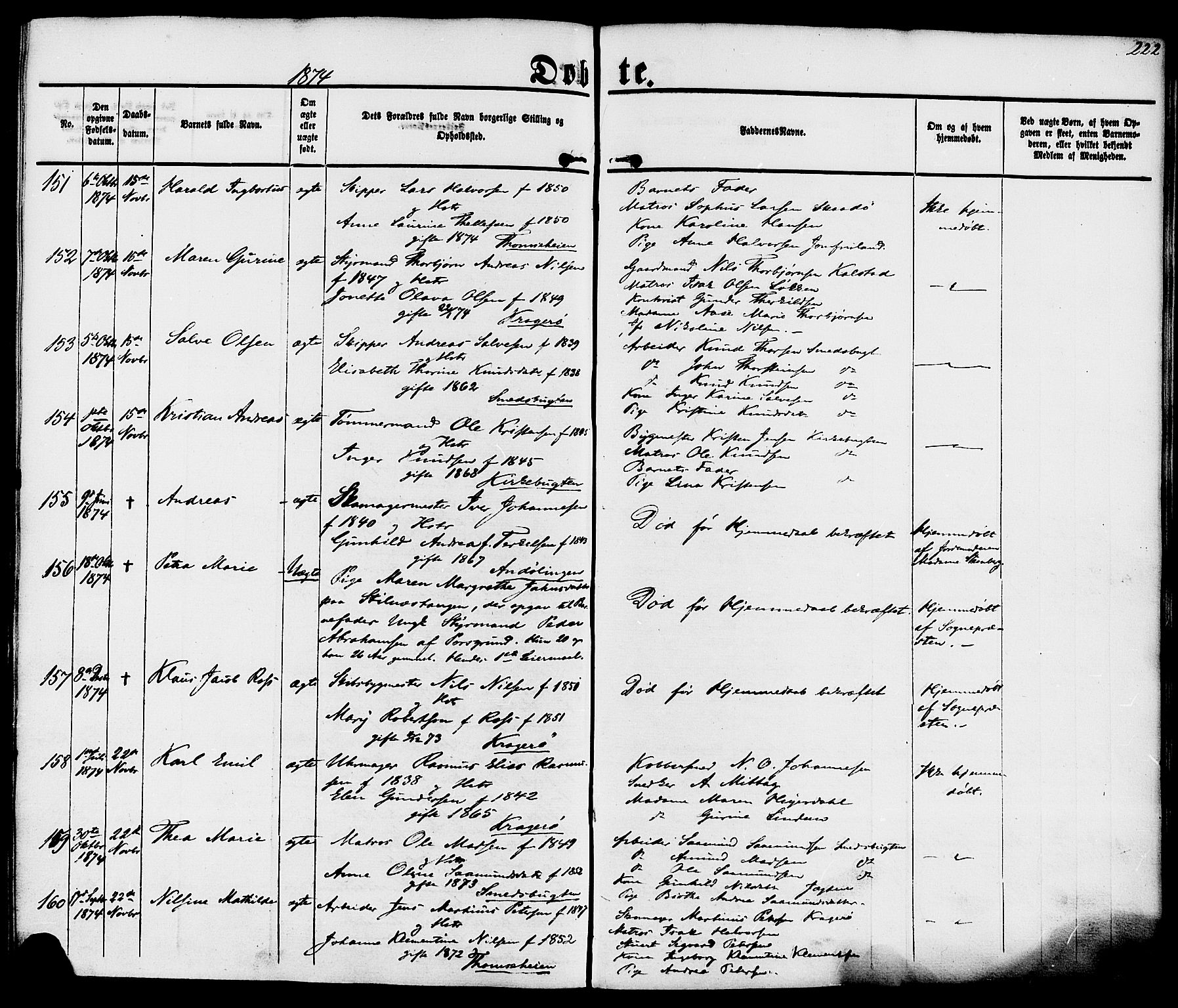 Kragerø kirkebøker, AV/SAKO-A-278/F/Fa/L0007: Parish register (official) no. 7, 1861-1875, p. 222