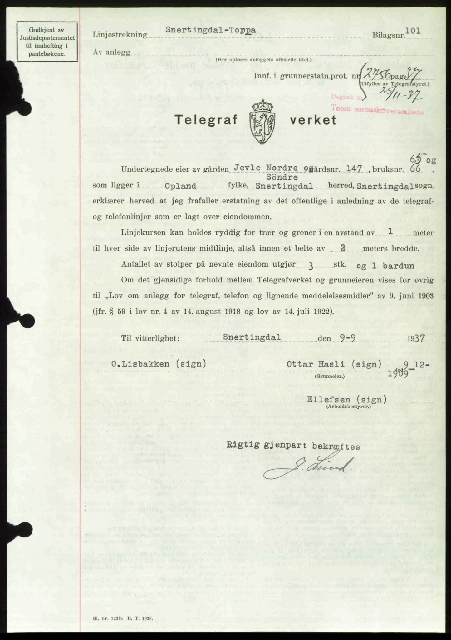 Toten tingrett, SAH/TING-006/H/Hb/Hbc/L0003: Mortgage book no. Hbc-03, 1937-1938, Diary no: : 2756/1937