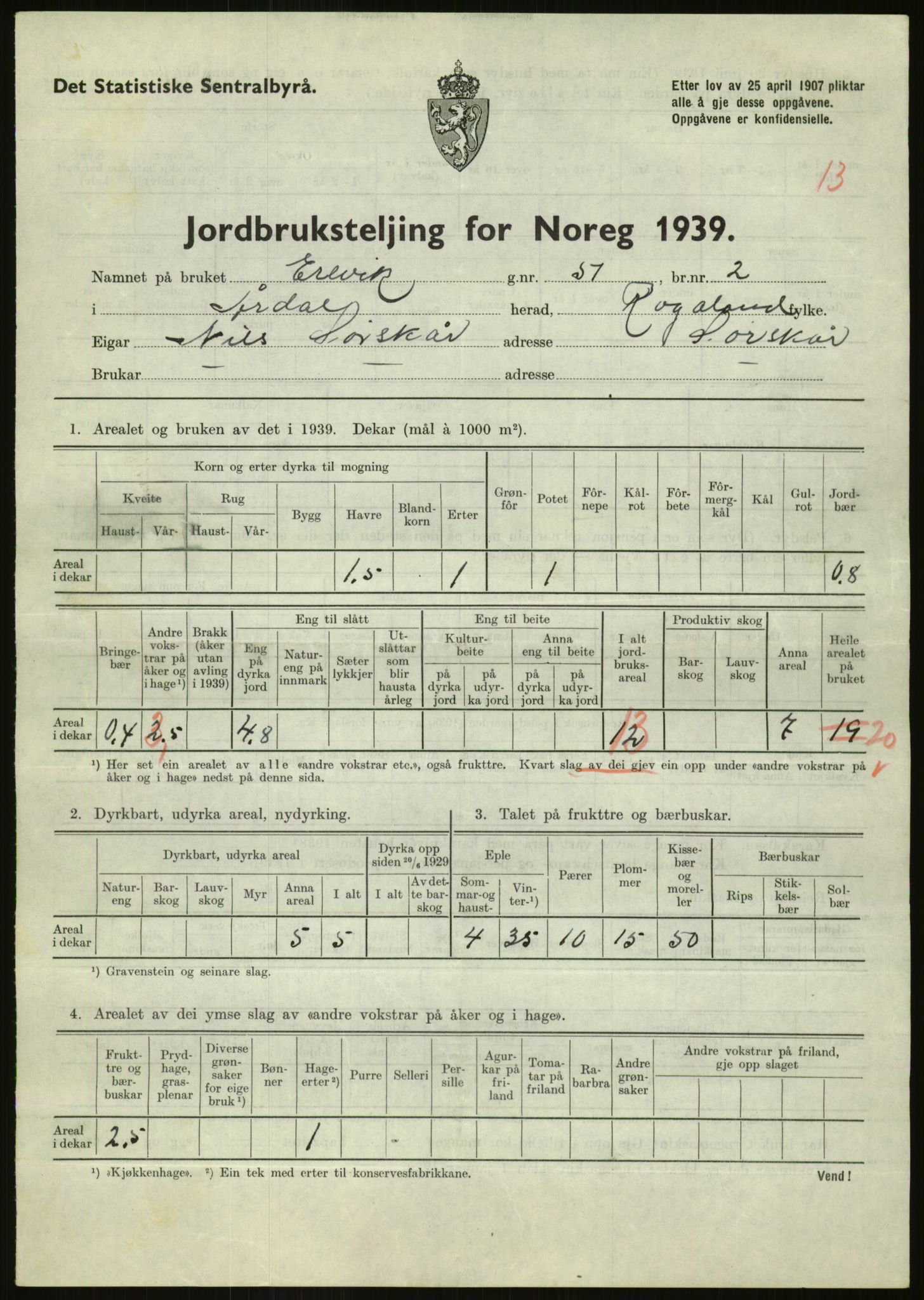 Statistisk sentralbyrå, Næringsøkonomiske emner, Jordbruk, skogbruk, jakt, fiske og fangst, AV/RA-S-2234/G/Gb/L0184: Rogaland: Årdal, Fister og Hjelmeland, 1939, p. 489