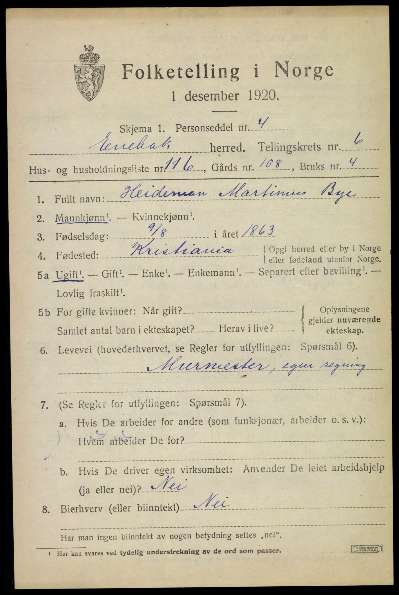 SAO, 1920 census for Enebakk, 1920, p. 6083