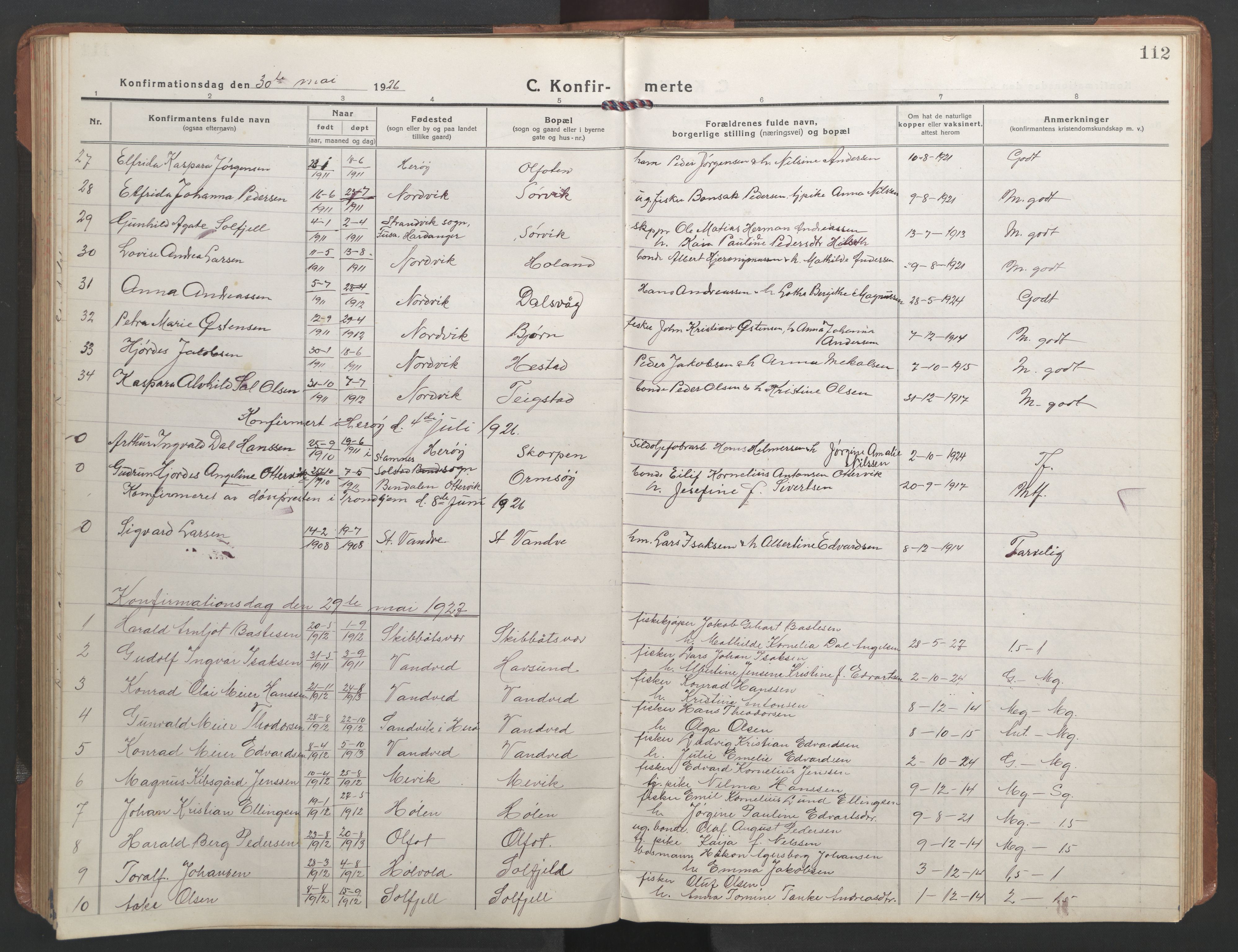 Ministerialprotokoller, klokkerbøker og fødselsregistre - Nordland, SAT/A-1459/836/L0539: Parish register (copy) no. 836C03, 1917-1949, p. 112