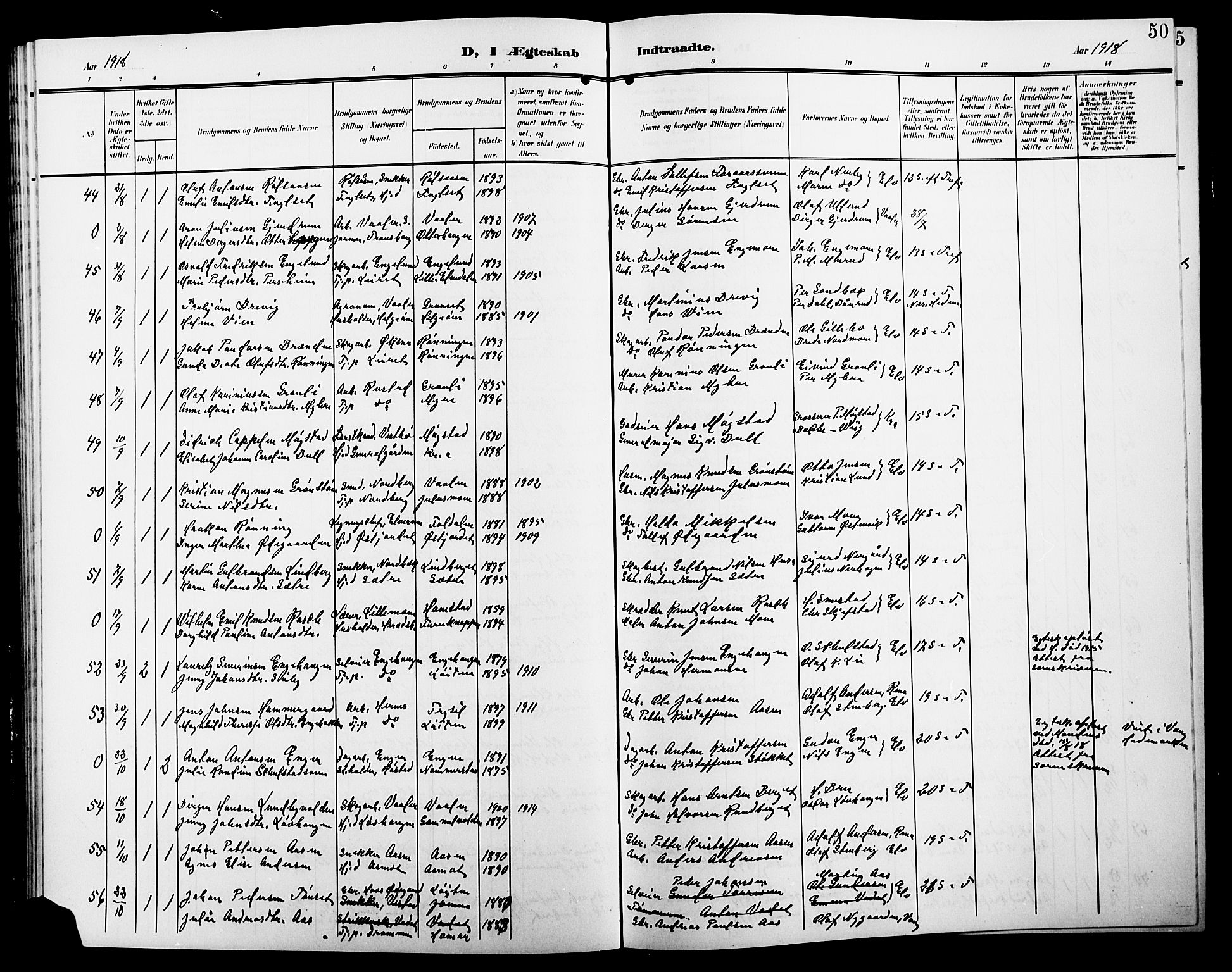 Elverum prestekontor, AV/SAH-PREST-044/H/Ha/Hab/L0009: Parish register (copy) no. 9, 1908-1921, p. 50