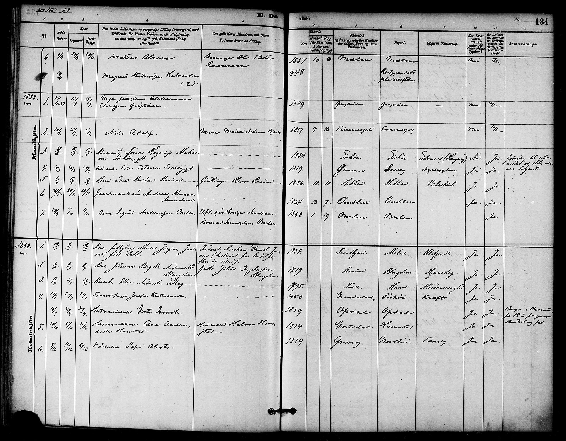 Ministerialprotokoller, klokkerbøker og fødselsregistre - Nord-Trøndelag, SAT/A-1458/766/L0563: Parish register (official) no. 767A01, 1881-1899, p. 134