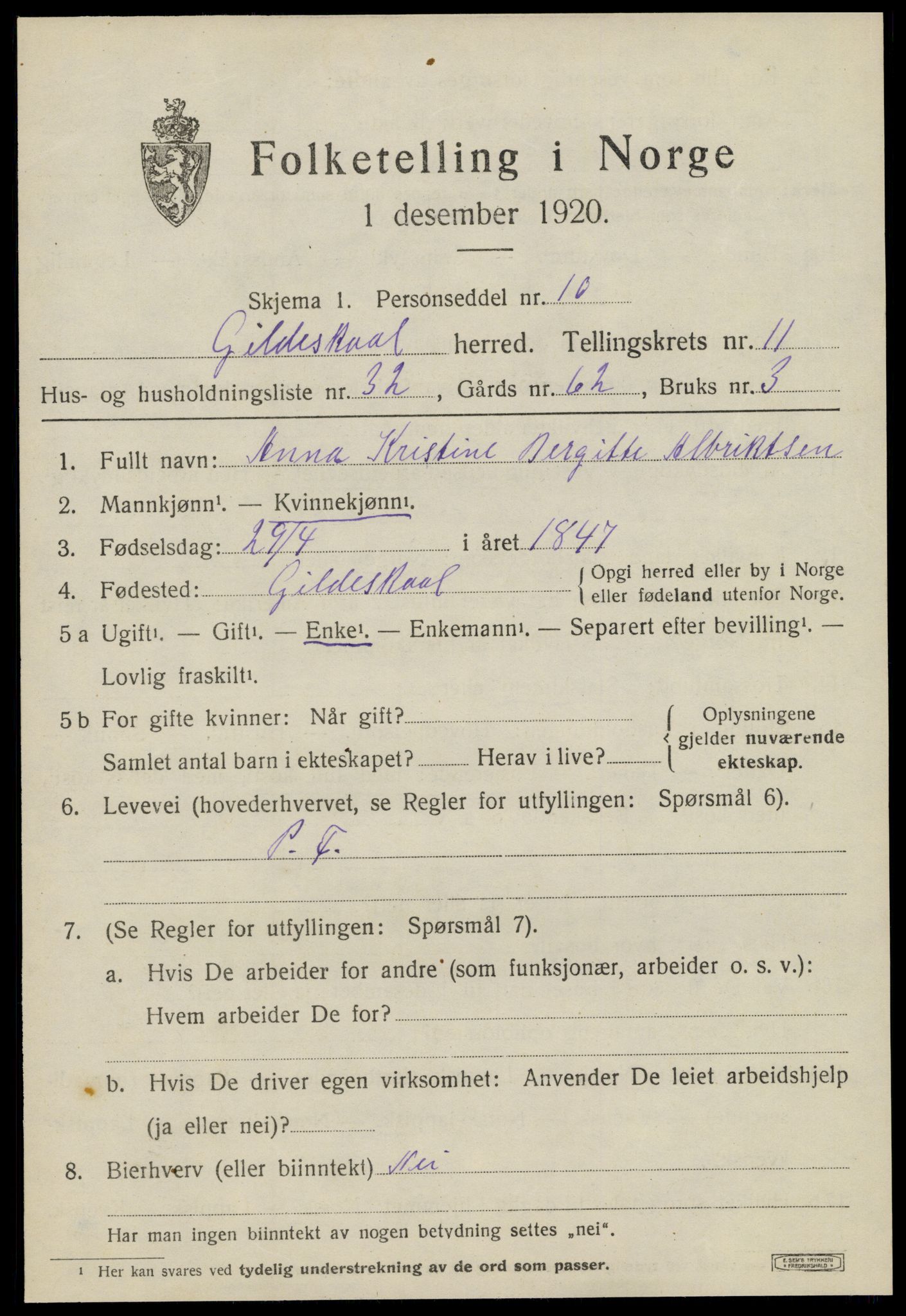 SAT, 1920 census for Gildeskål, 1920, p. 7224