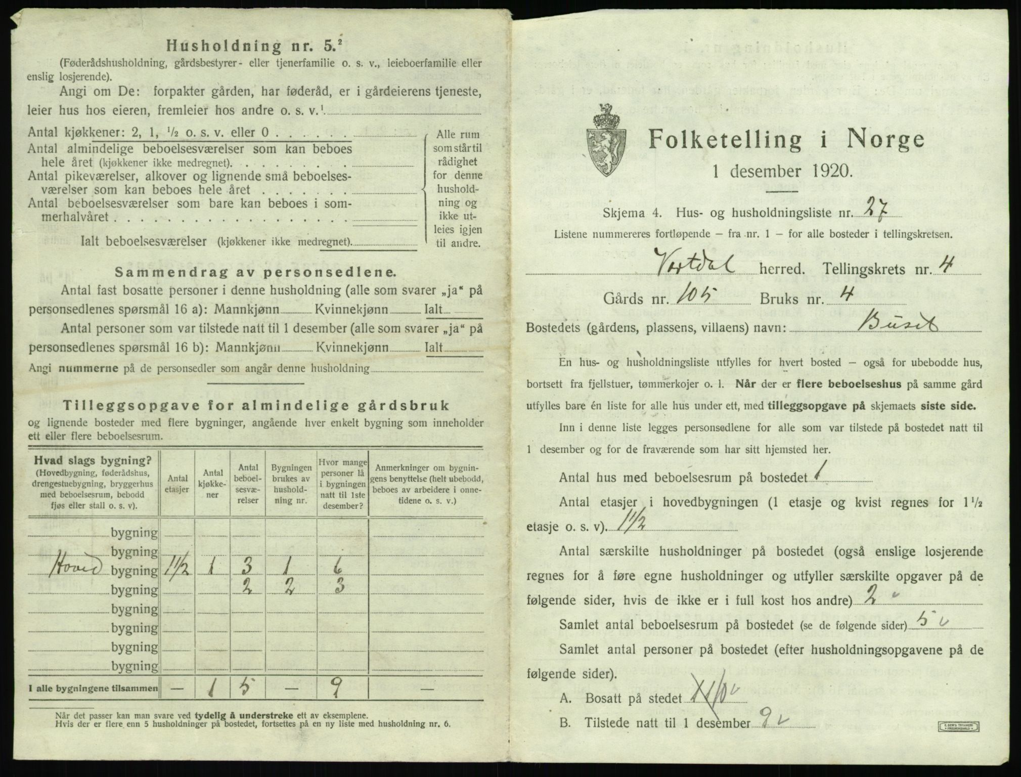 SAT, 1920 census for Vartdal, 1920, p. 271