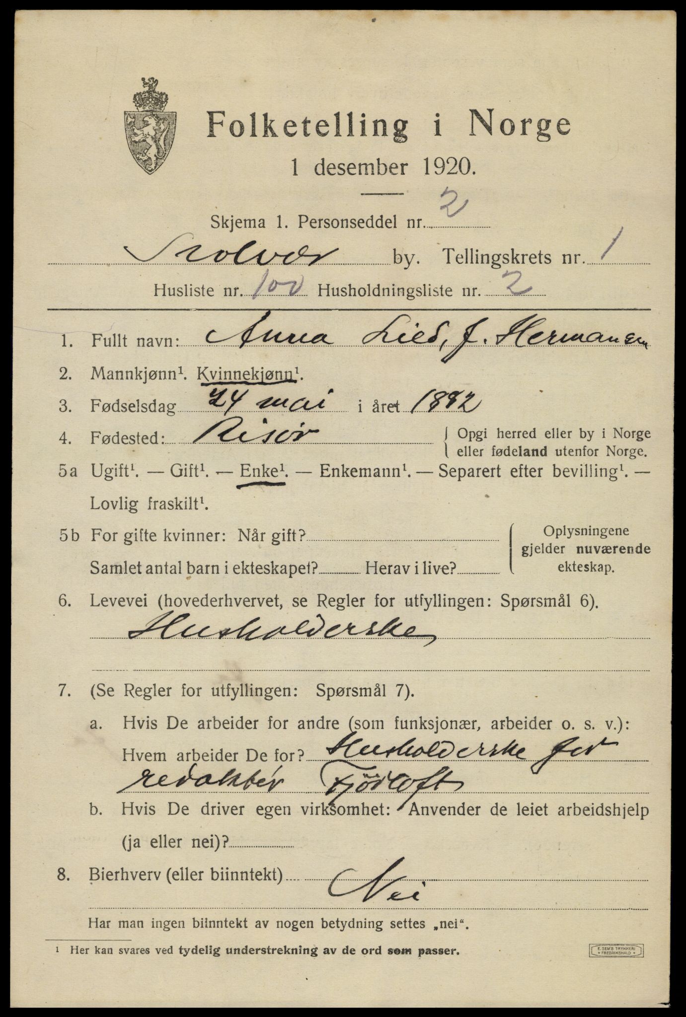 SAT, 1920 census for Svolvær, 1920, p. 3150