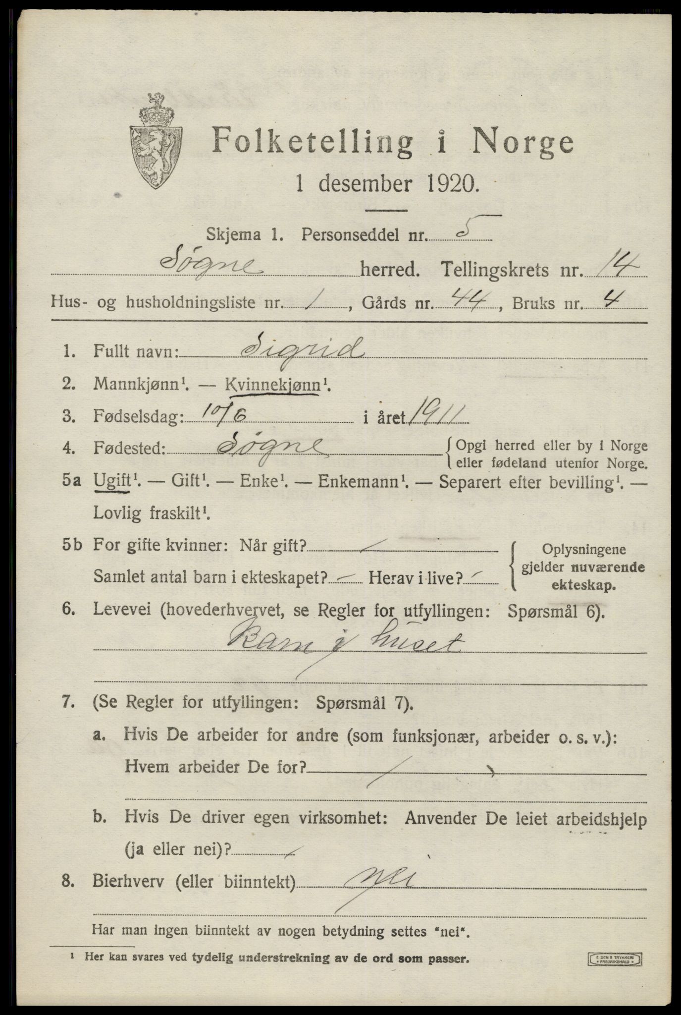 SAK, 1920 census for Søgne, 1920, p. 6757