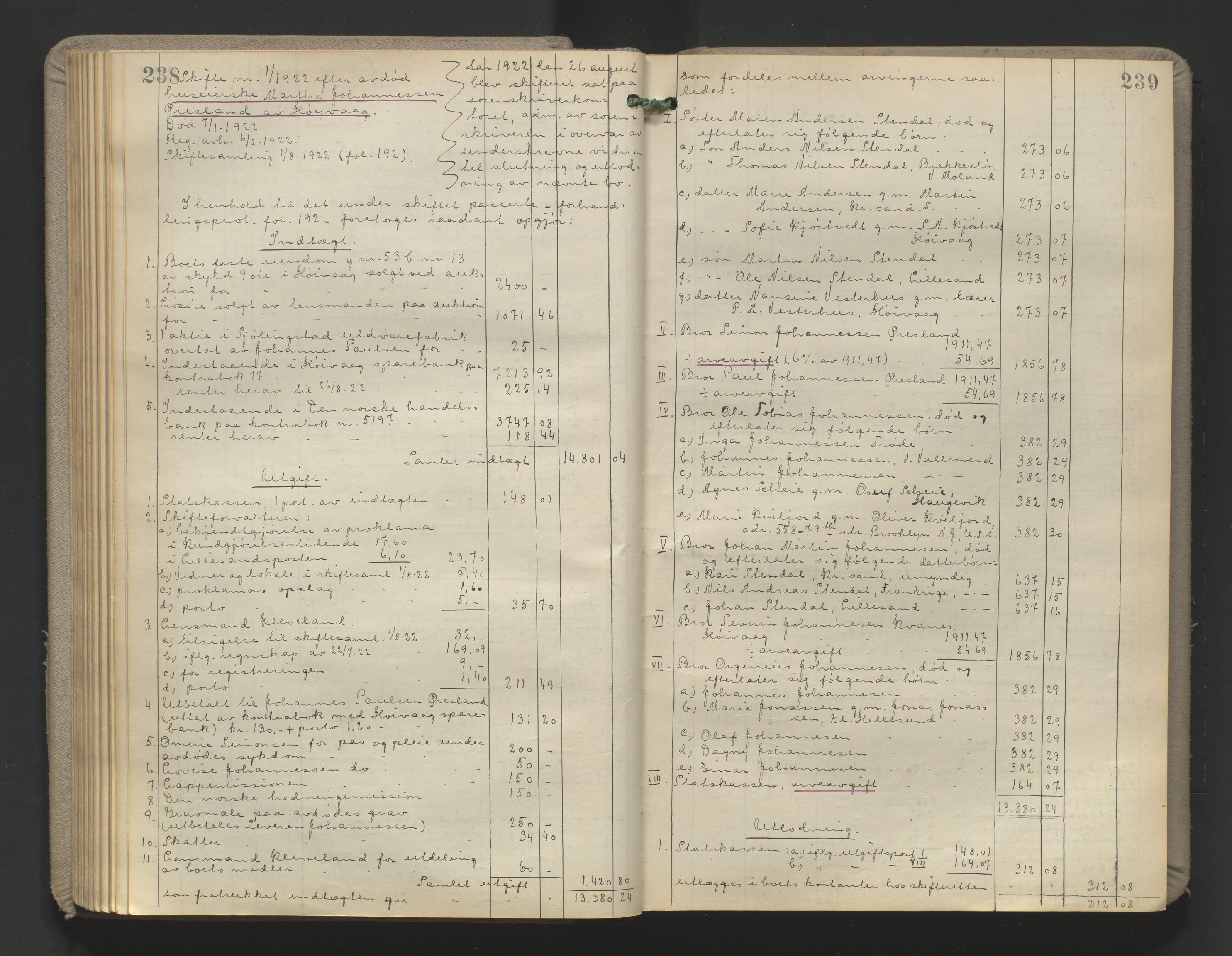 Vestre Nedenes/Sand sorenskriveri, AV/SAK-1221-0010/H/Hc/L0022: Skifteutlodningsprotokoll nr. 9, 1919-1932, p. 238-239