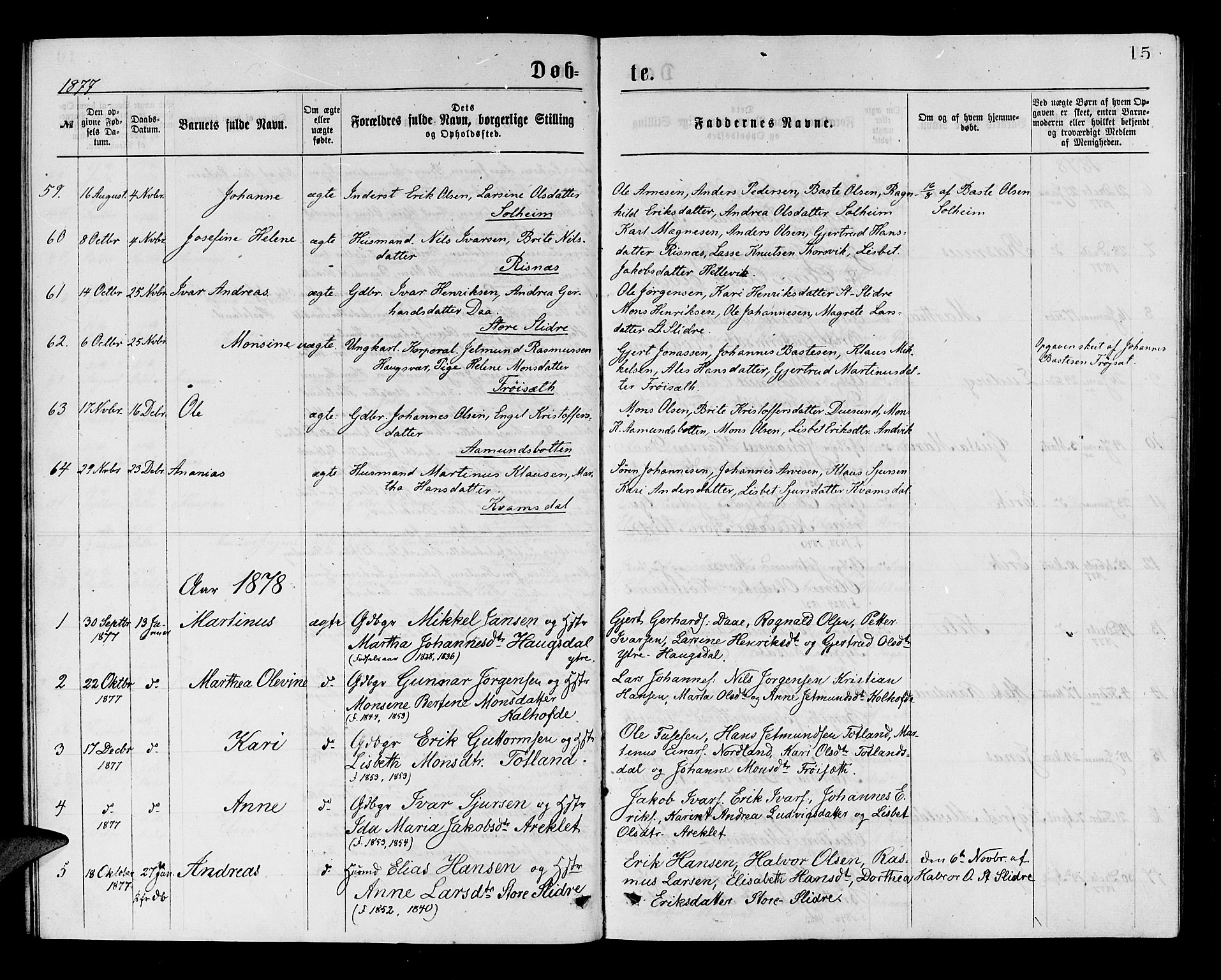 Masfjorden sokneprestembete, AV/SAB-A-77001: Parish register (copy) no. A 2, 1876-1891, p. 15