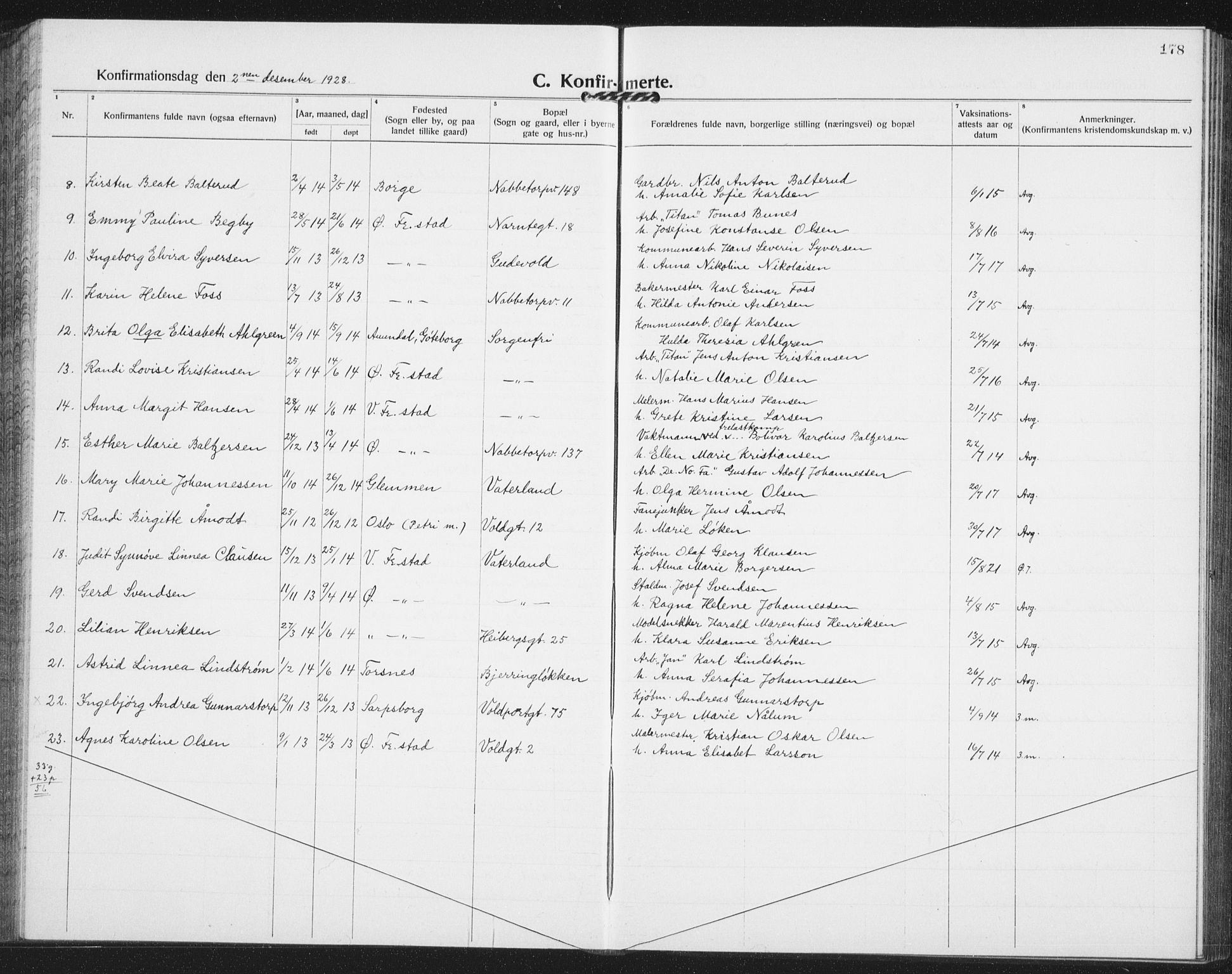 Østre Fredrikstad prestekontor Kirkebøker, AV/SAO-A-10907/G/Ga/L0003: Parish register (copy) no. 3, 1920-1940, p. 178