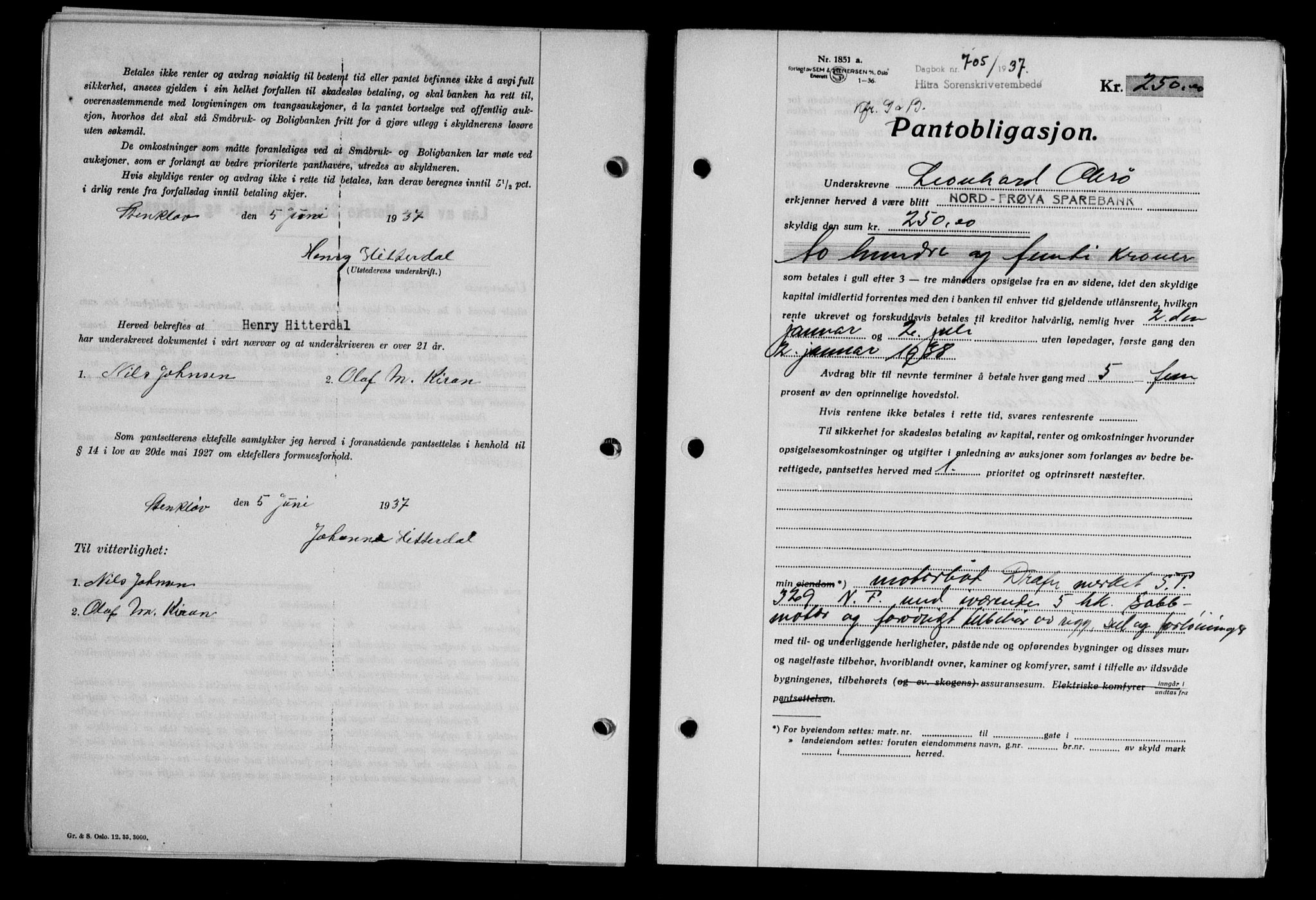 Hitra sorenskriveri, AV/SAT-A-0018/2/2C/2Ca/L0028: Mortgage book no. B-1, 1936-1939, Diary no: : 705/1937