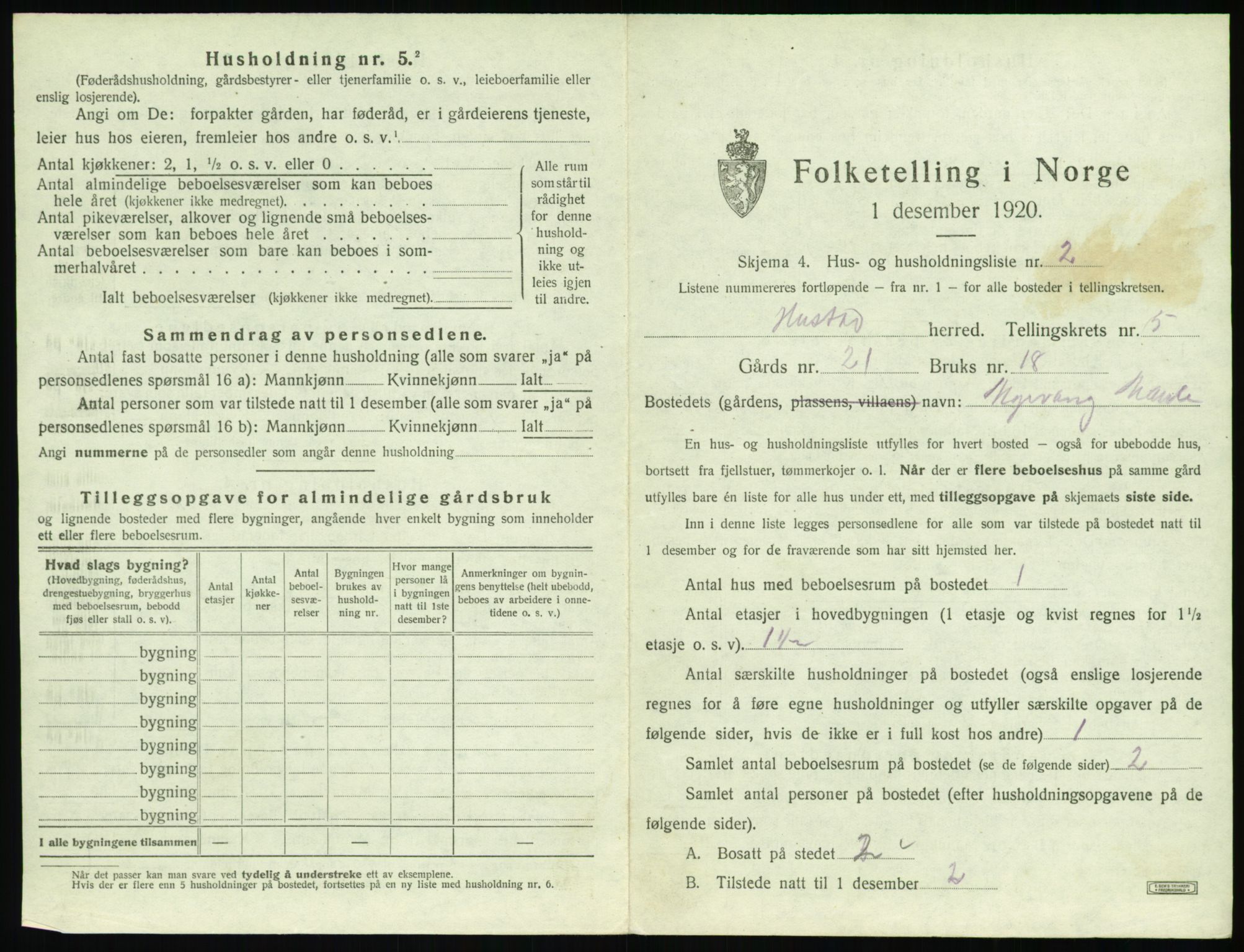 SAT, 1920 census for Hustad, 1920, p. 495