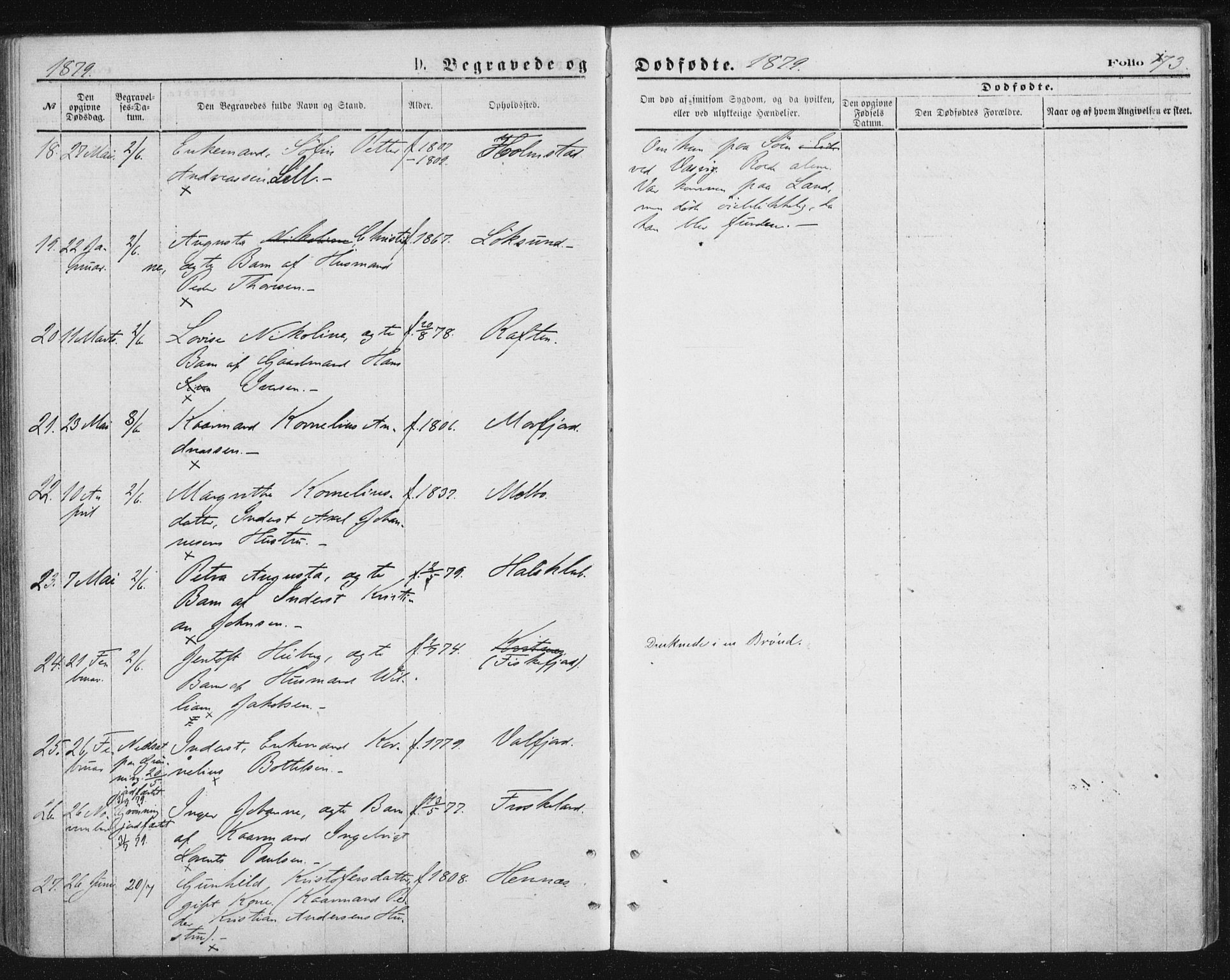 Ministerialprotokoller, klokkerbøker og fødselsregistre - Nordland, AV/SAT-A-1459/888/L1243: Parish register (official) no. 888A09, 1876-1879, p. 173