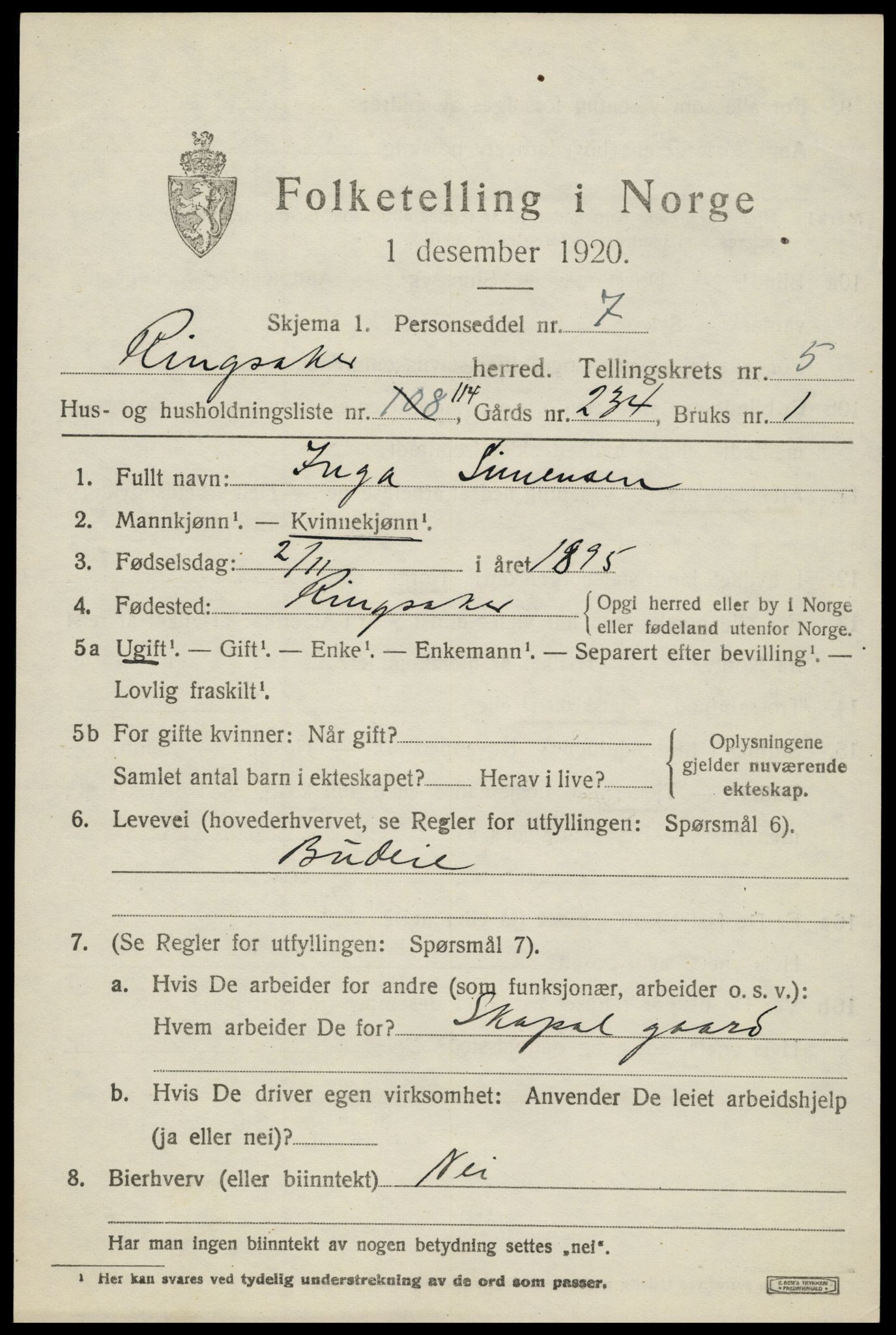 SAH, 1920 census for Ringsaker, 1920, p. 11186