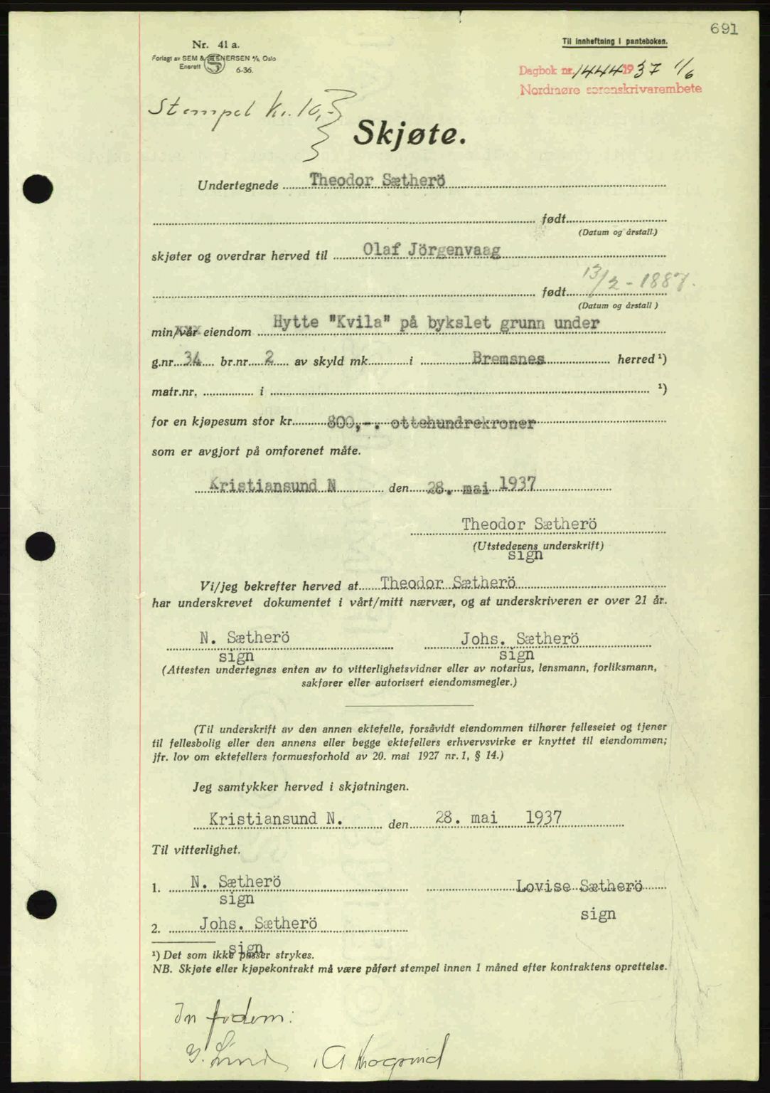 Nordmøre sorenskriveri, AV/SAT-A-4132/1/2/2Ca: Mortgage book no. A81, 1937-1937, Diary no: : 1444/1937