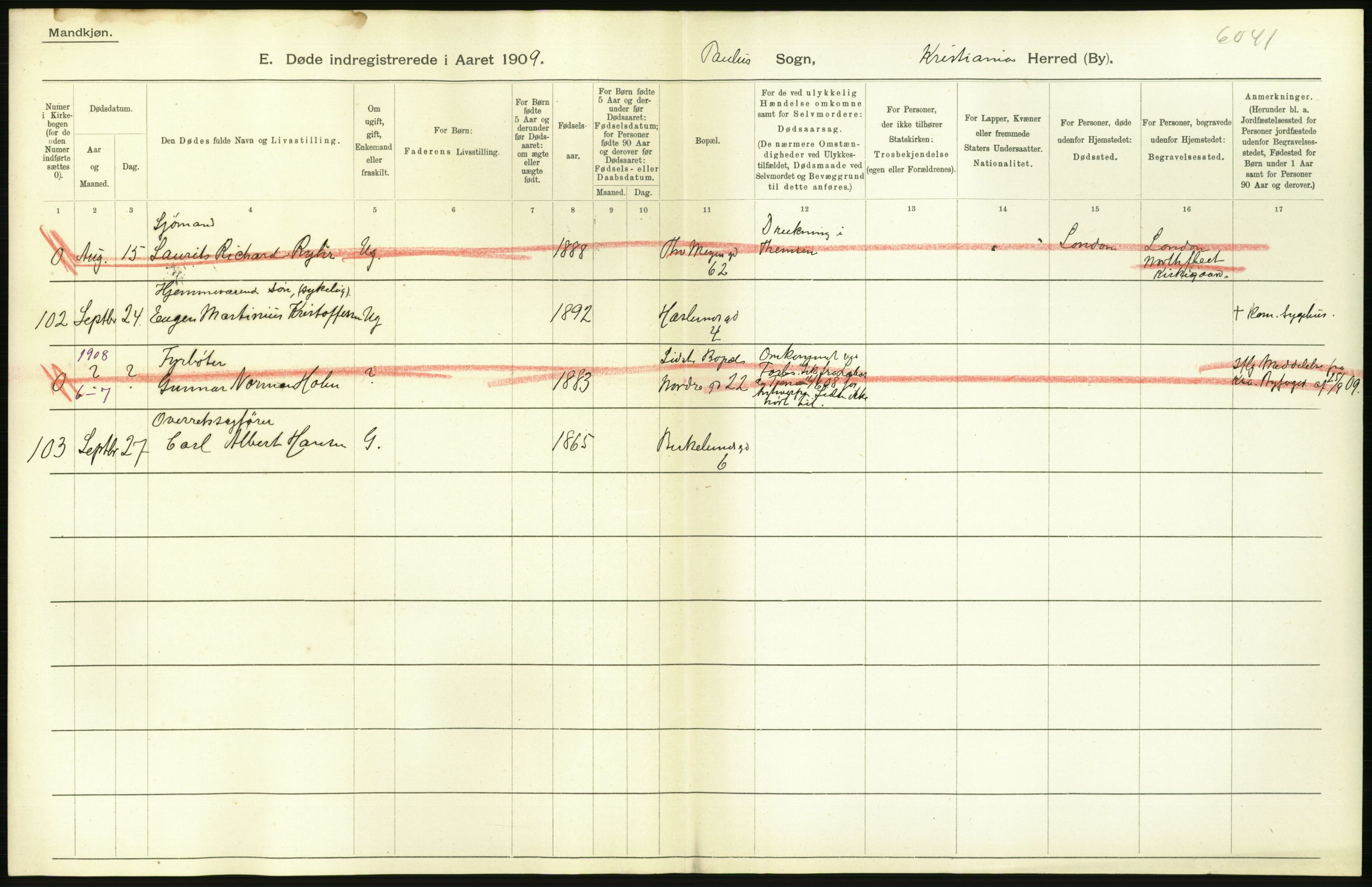 Statistisk sentralbyrå, Sosiodemografiske emner, Befolkning, AV/RA-S-2228/D/Df/Dfa/Dfag/L0010: Kristiania: Døde, dødfødte., 1909, p. 234