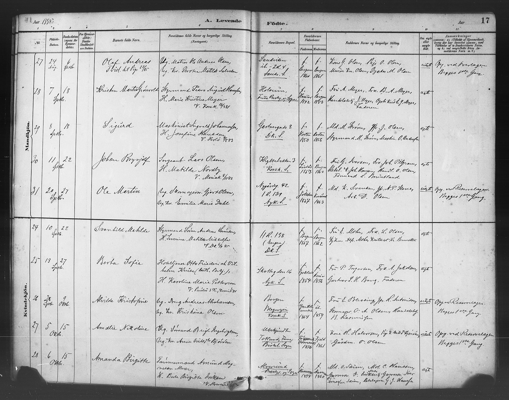 Fødselsstiftelsens sokneprestembete*, SAB/-: Parish register (official) no. A 2, 1884-1900, p. 17