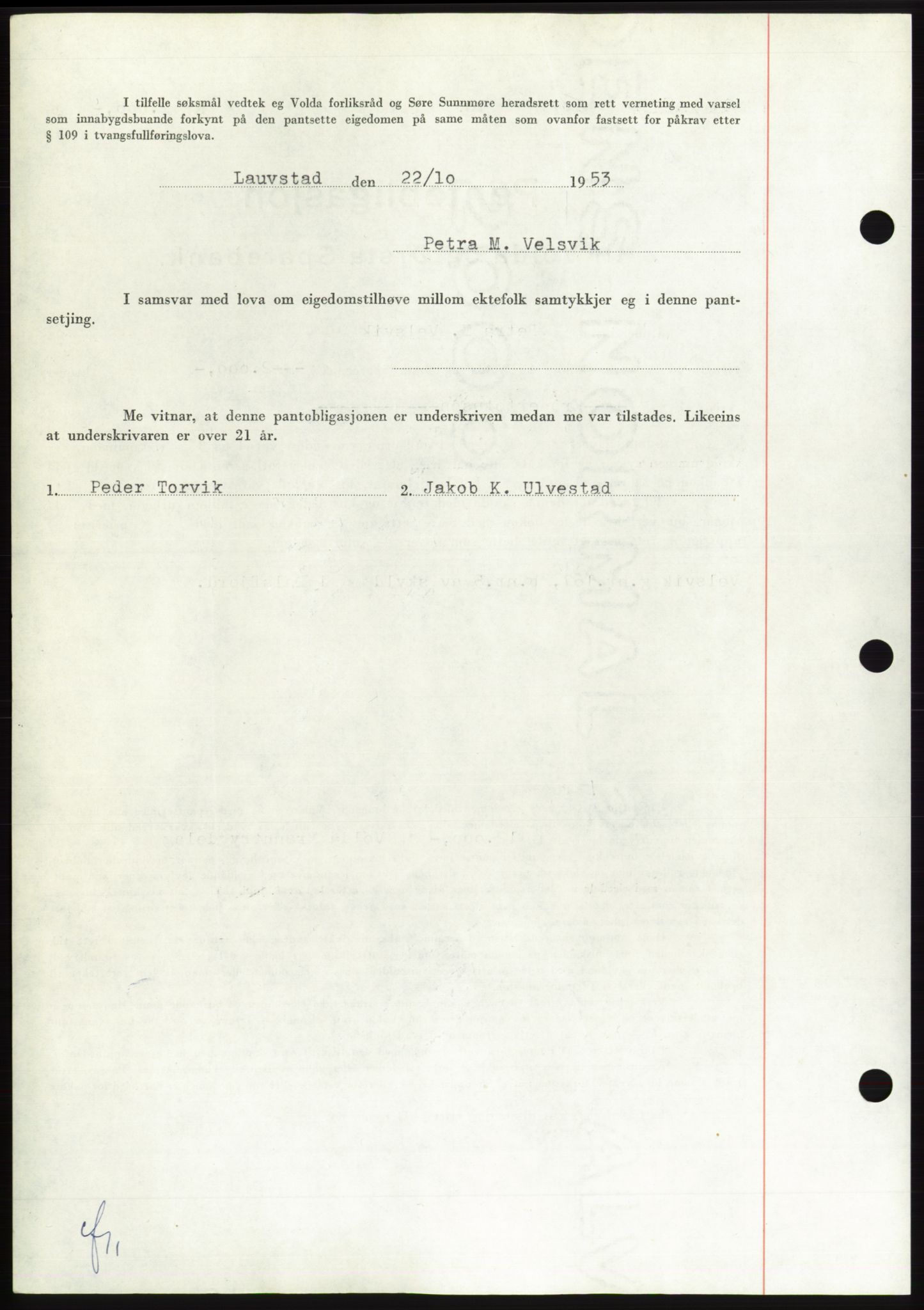 Søre Sunnmøre sorenskriveri, AV/SAT-A-4122/1/2/2C/L0124: Mortgage book no. 12B, 1953-1954, Diary no: : 2600/1953