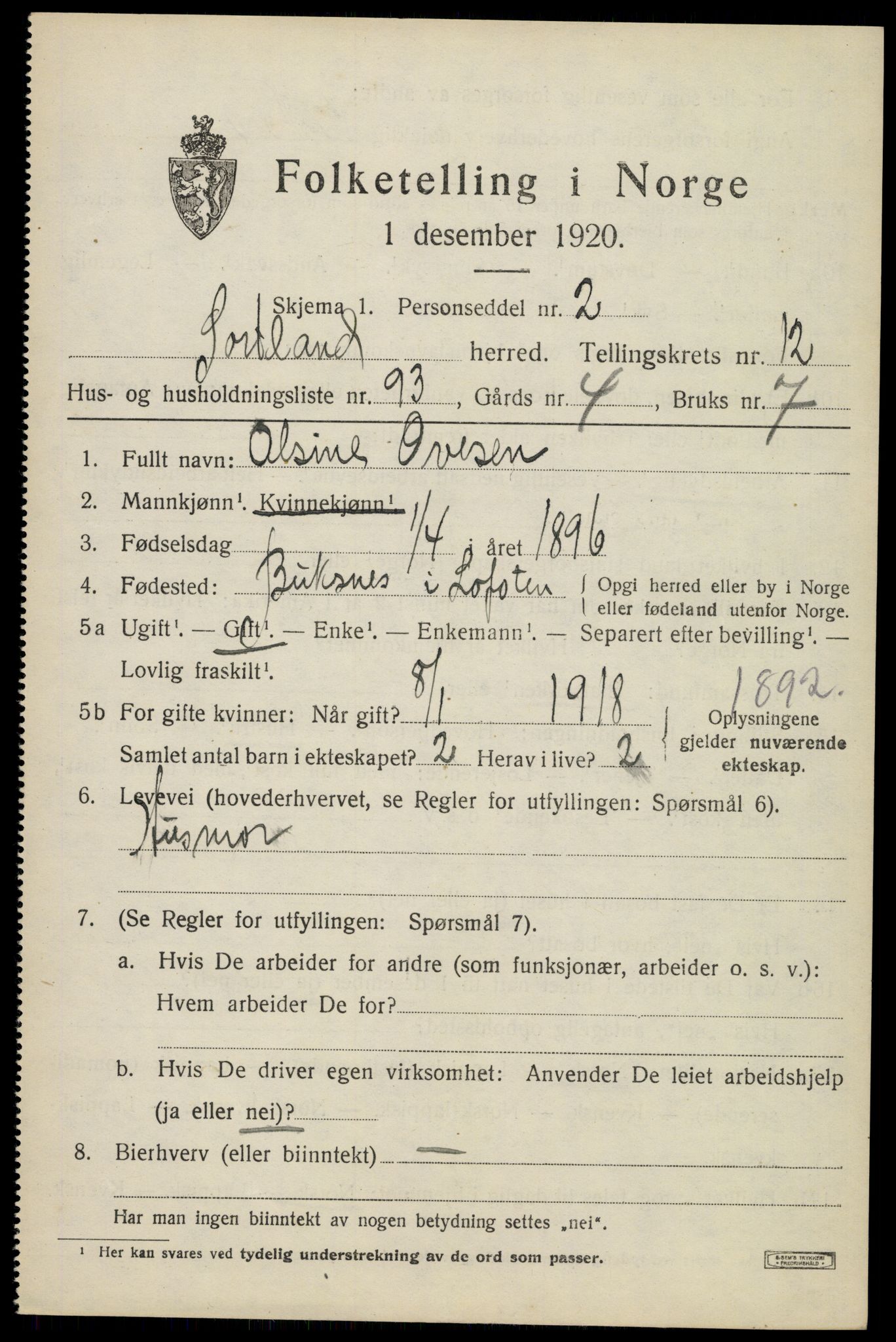 SAT, 1920 census for Sortland, 1920, p. 10238