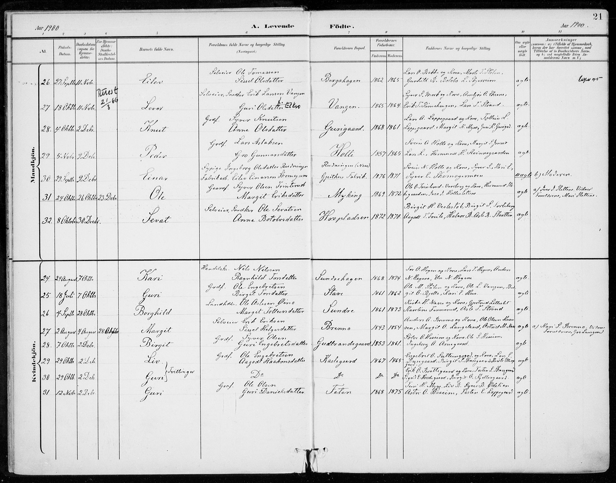 Ål kirkebøker, AV/SAKO-A-249/F/Fa/L0009: Parish register (official) no. I 9, 1897-1915, p. 21