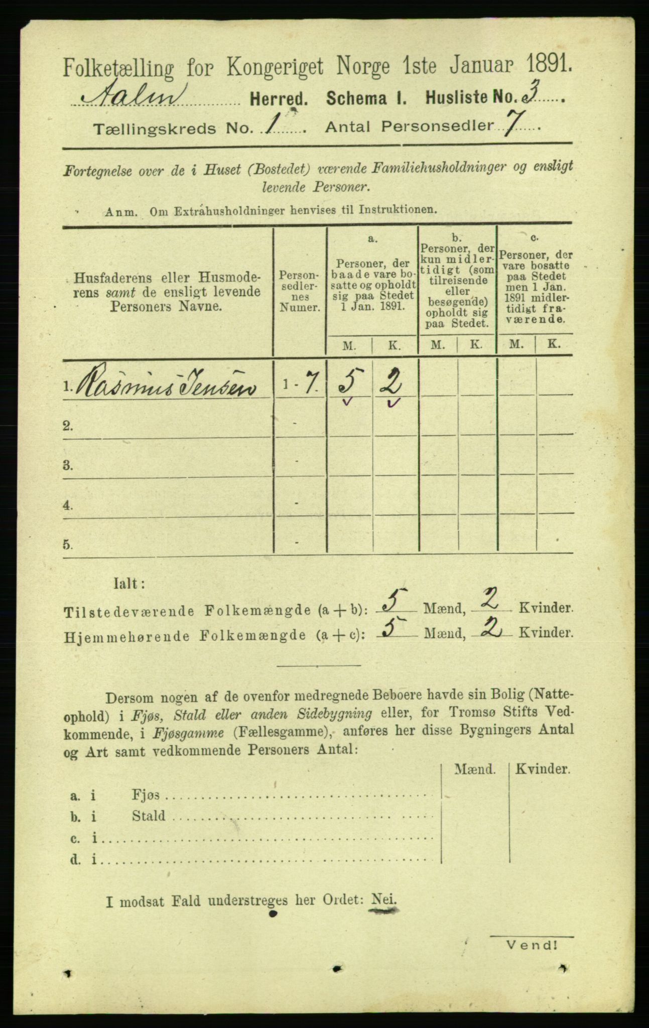 RA, 1891 census for 1644 Ålen, 1891, p. 22