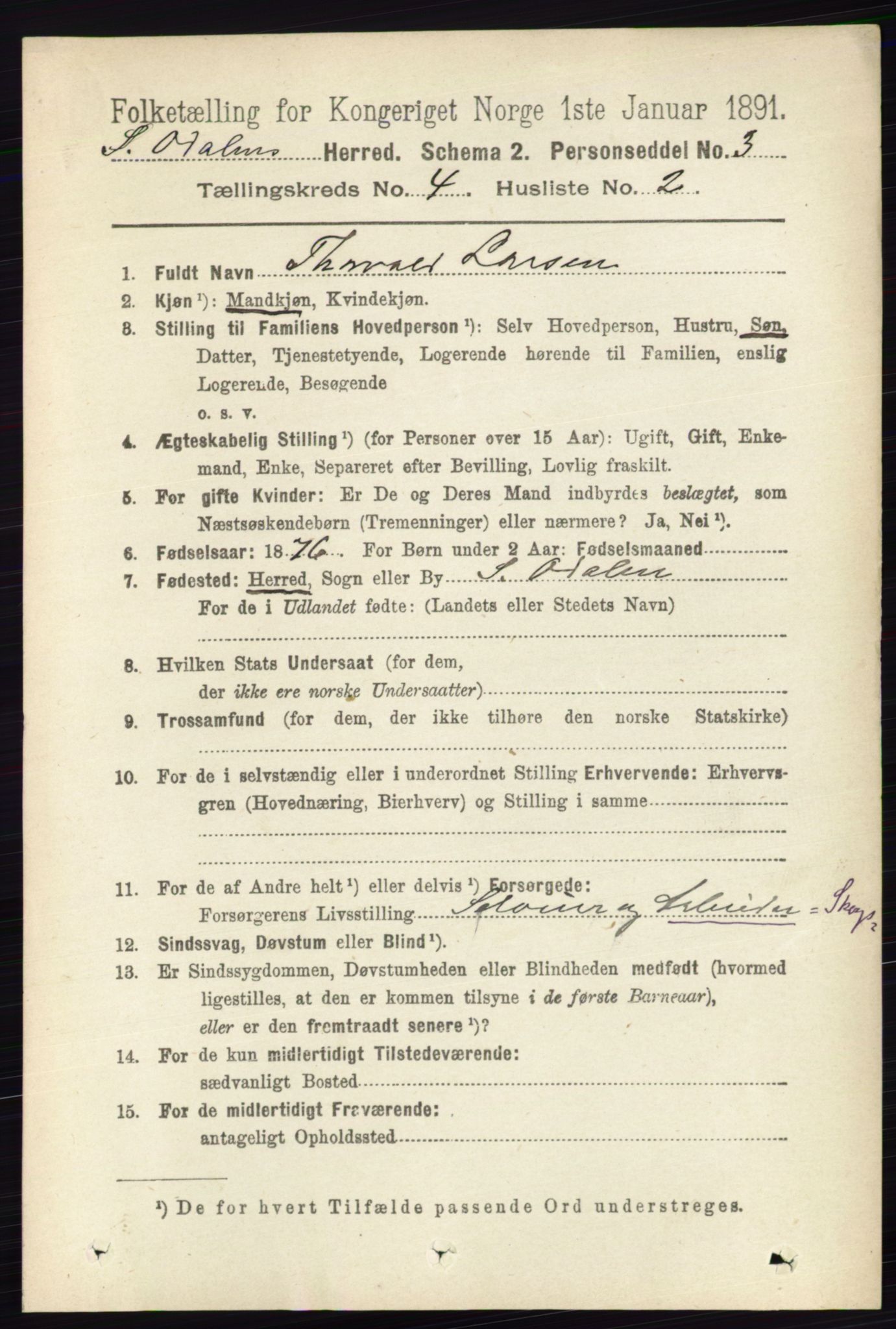 RA, 1891 census for 0419 Sør-Odal, 1891, p. 1748