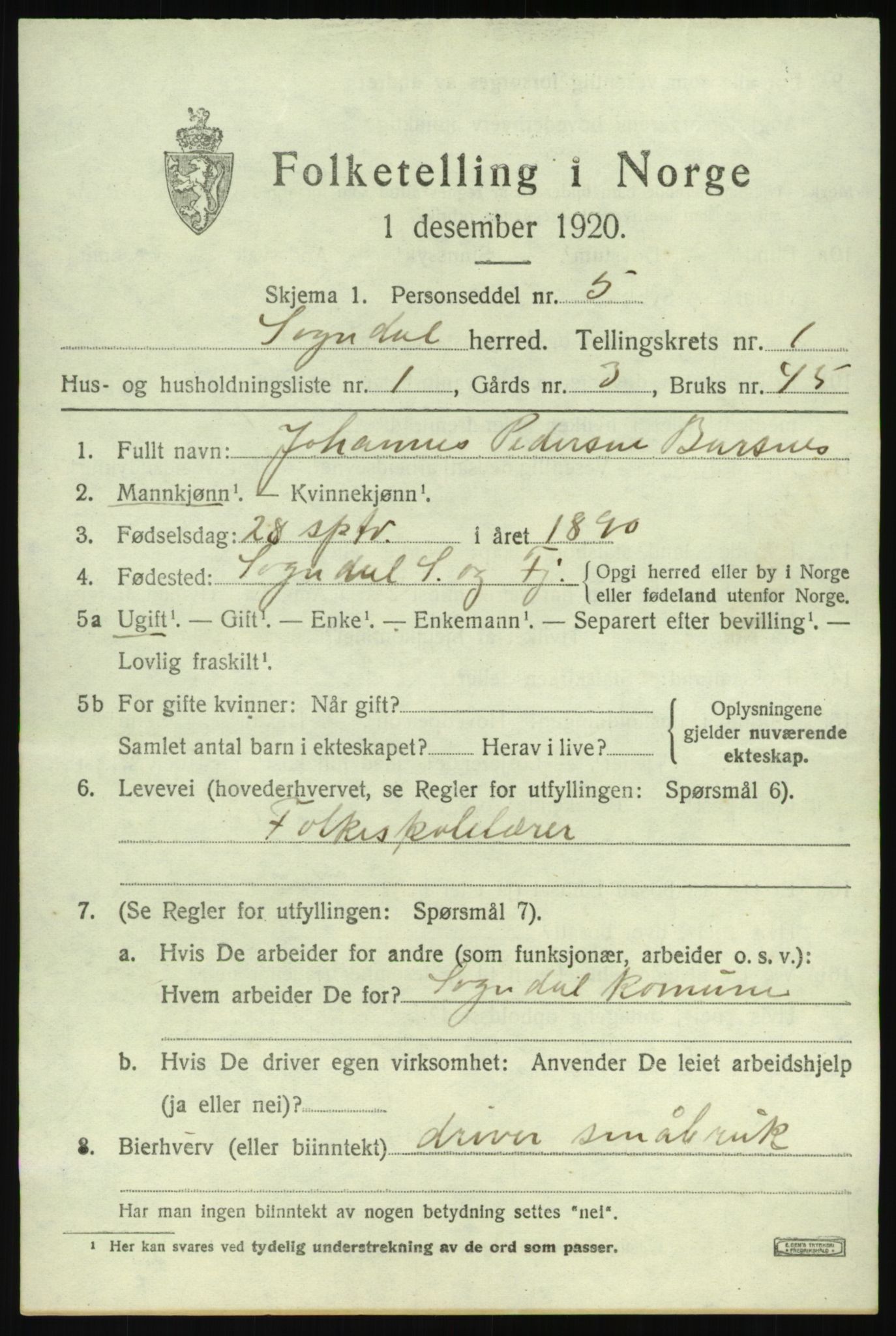 SAB, 1920 census for Sogndal, 1920, p. 1311