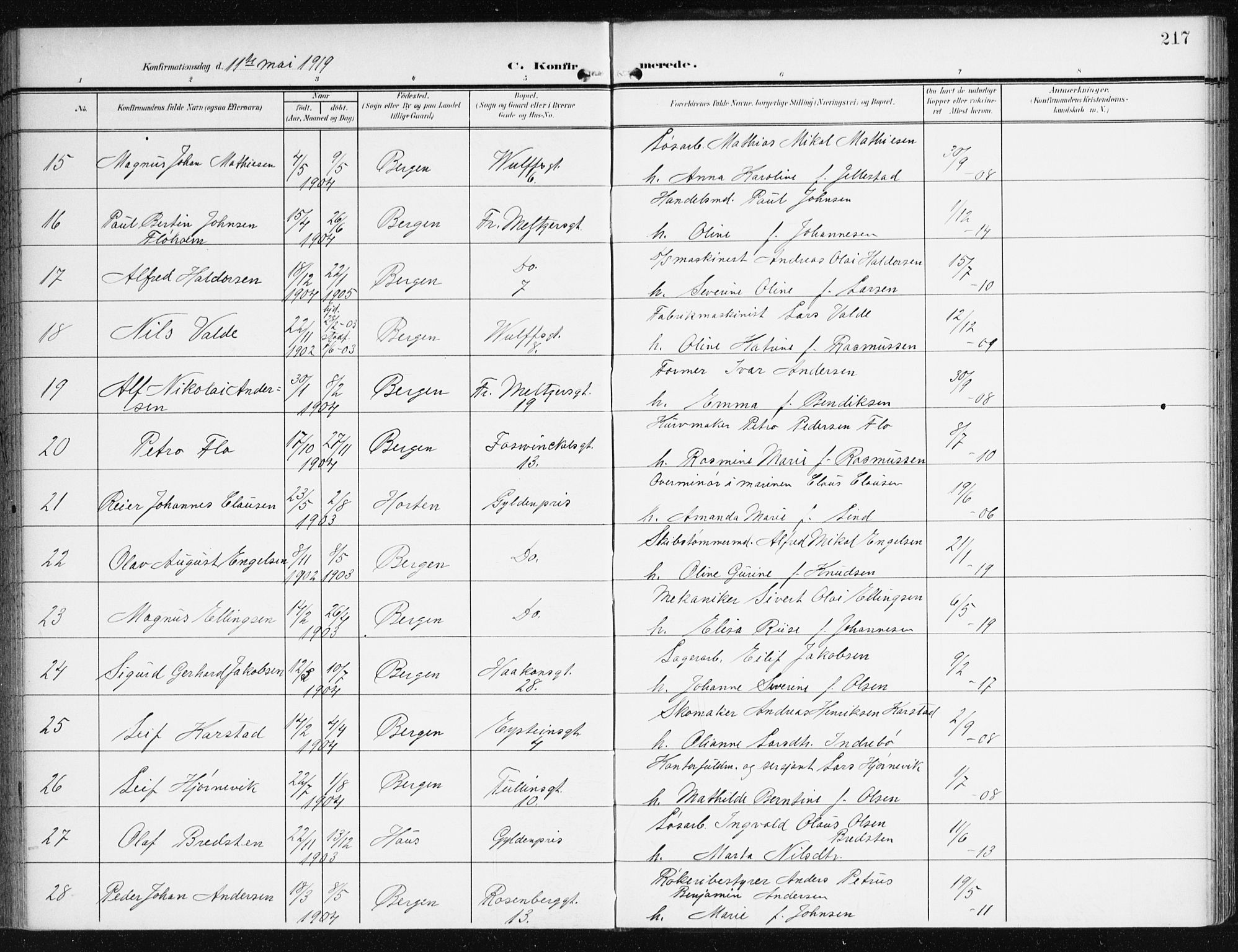 Johanneskirken sokneprestembete, AV/SAB-A-76001/H/Haa/L0009: Parish register (official) no. C 2, 1907-1924, p. 217