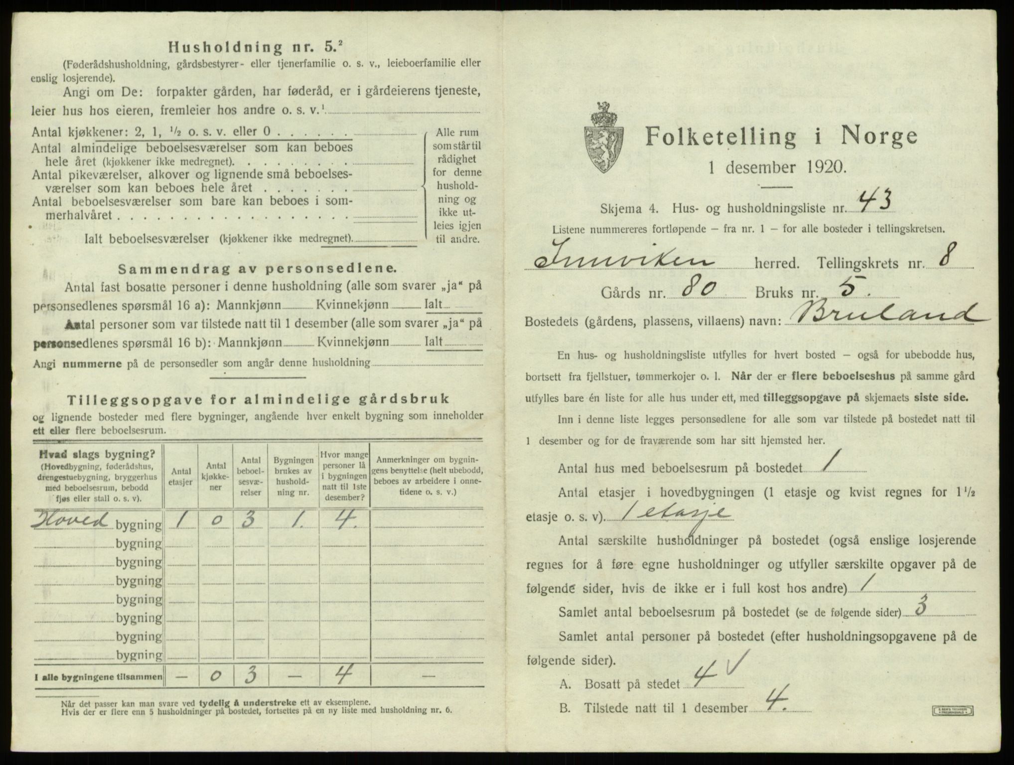 SAB, 1920 census for Innvik, 1920, p. 532