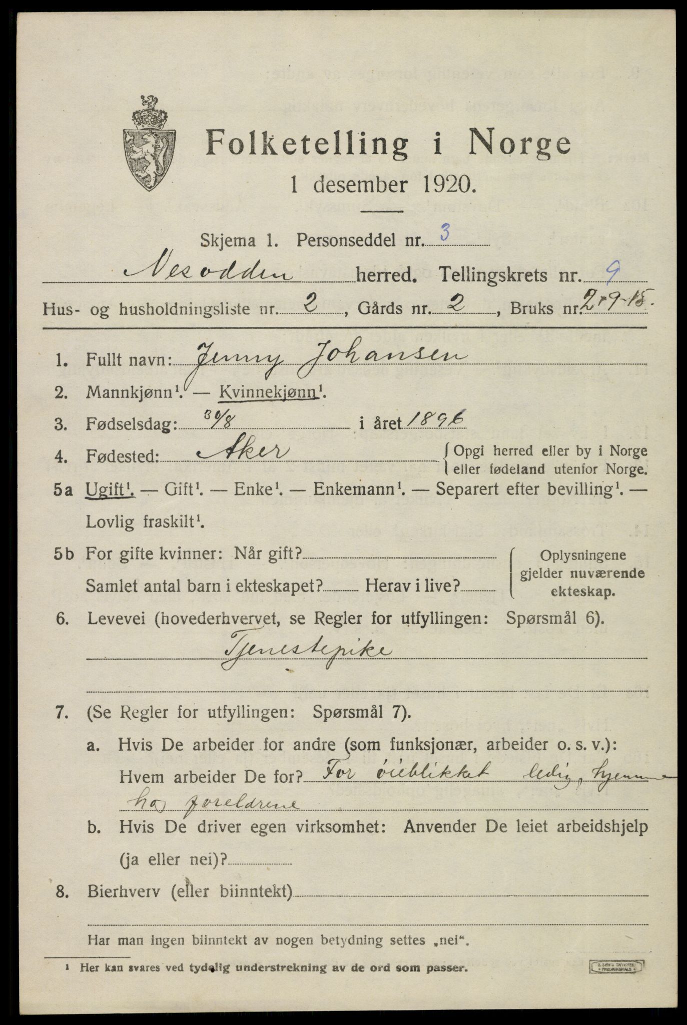 SAO, 1920 census for Nesodden, 1920, p. 6705