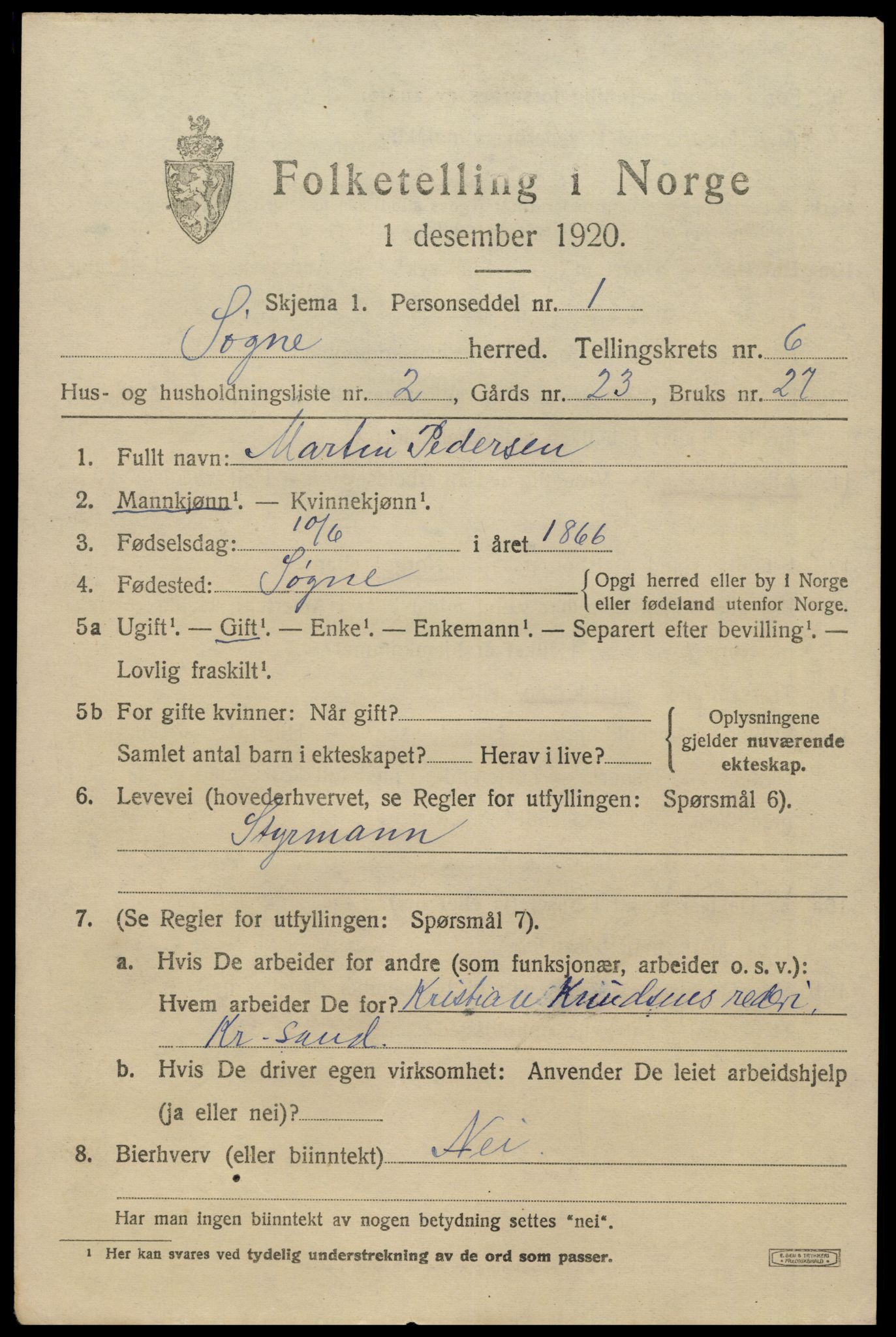 SAK, 1920 census for Søgne, 1920, p. 2779