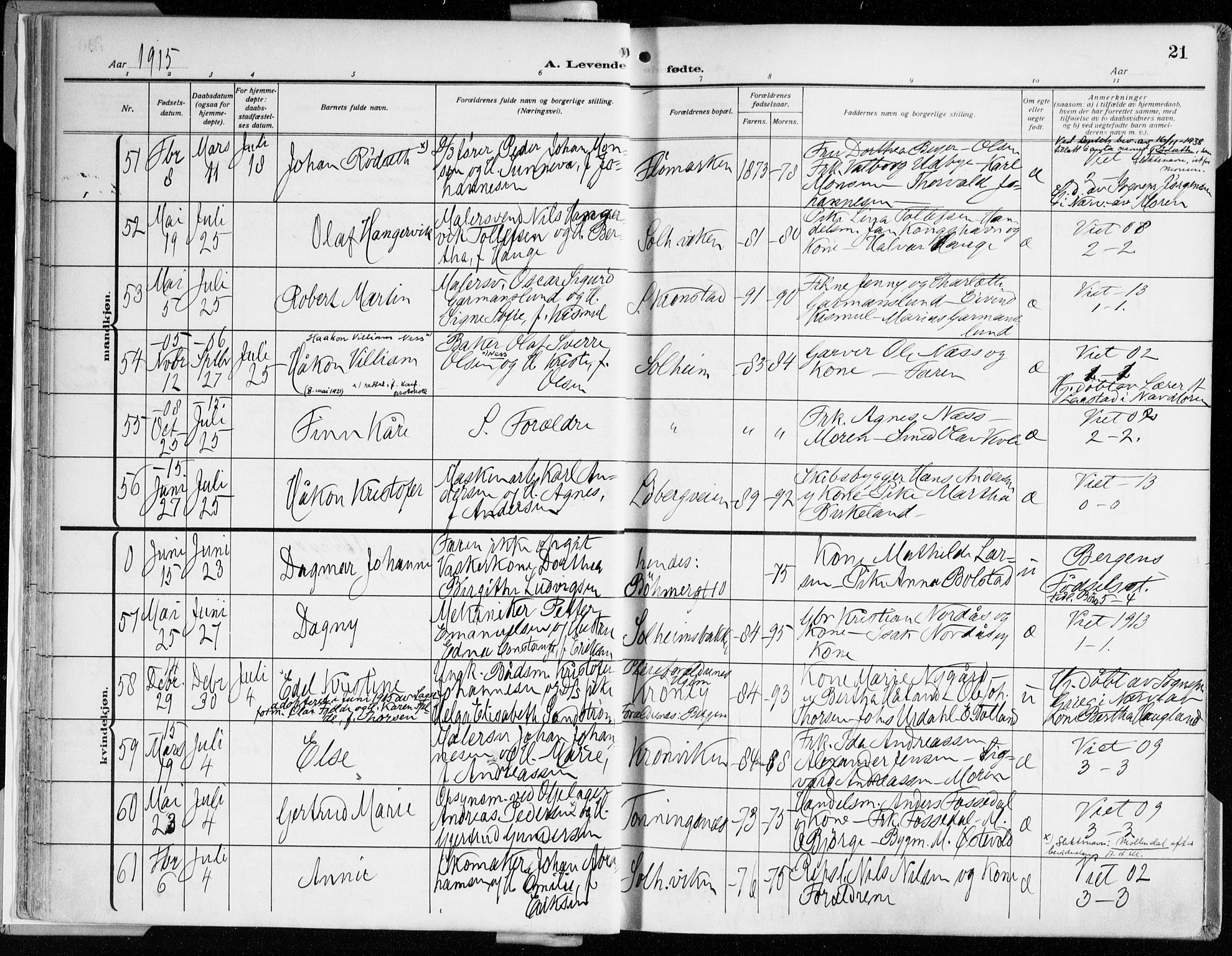 Årstad Sokneprestembete, AV/SAB-A-79301/H/Haa/L0003: Parish register (official) no. A 3, 1914-1919, p. 21