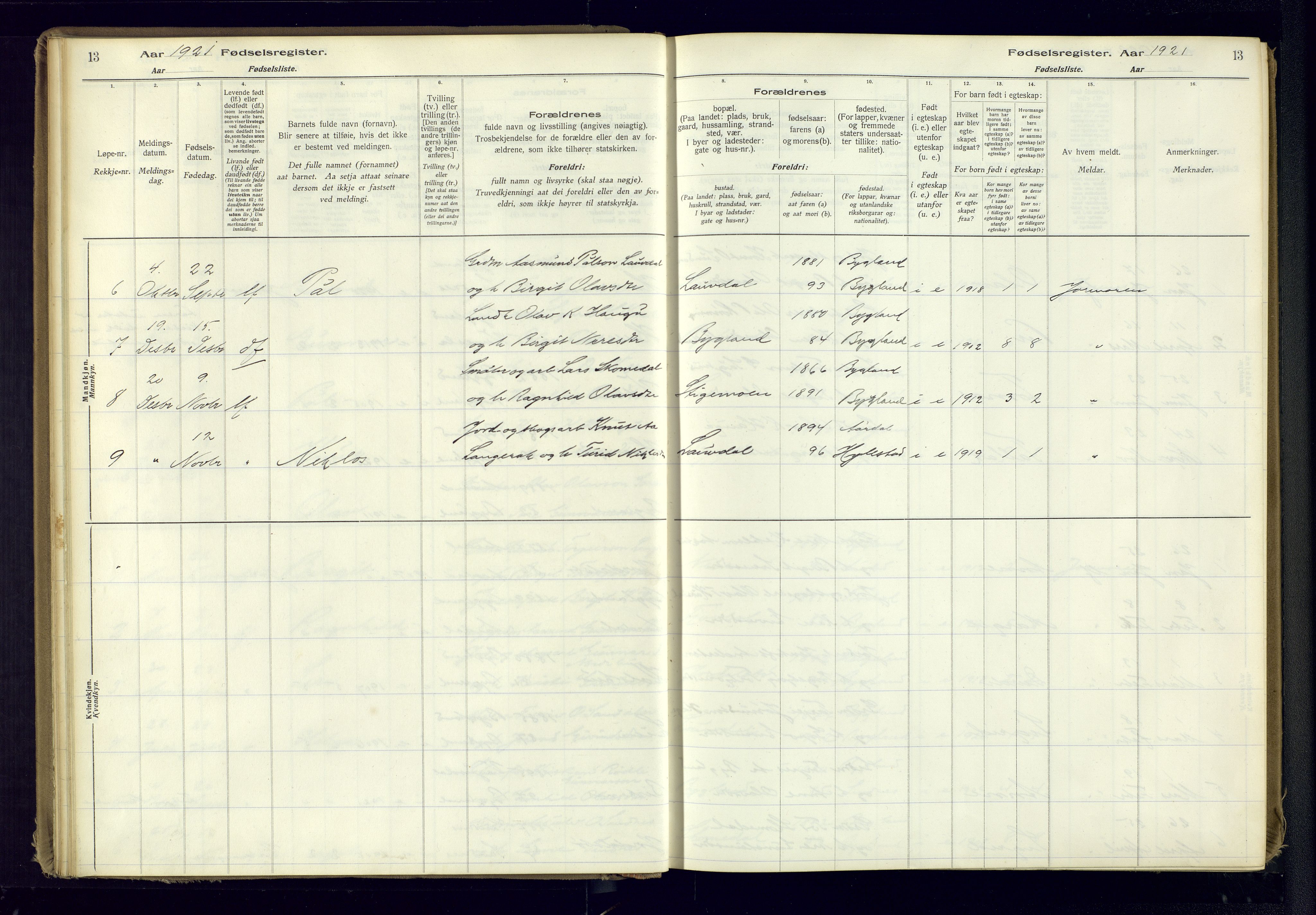 Bygland sokneprestkontor, AV/SAK-1111-0006/J/Ja/L0001: Birth register no. II.4.2, 1916-1982, p. 13