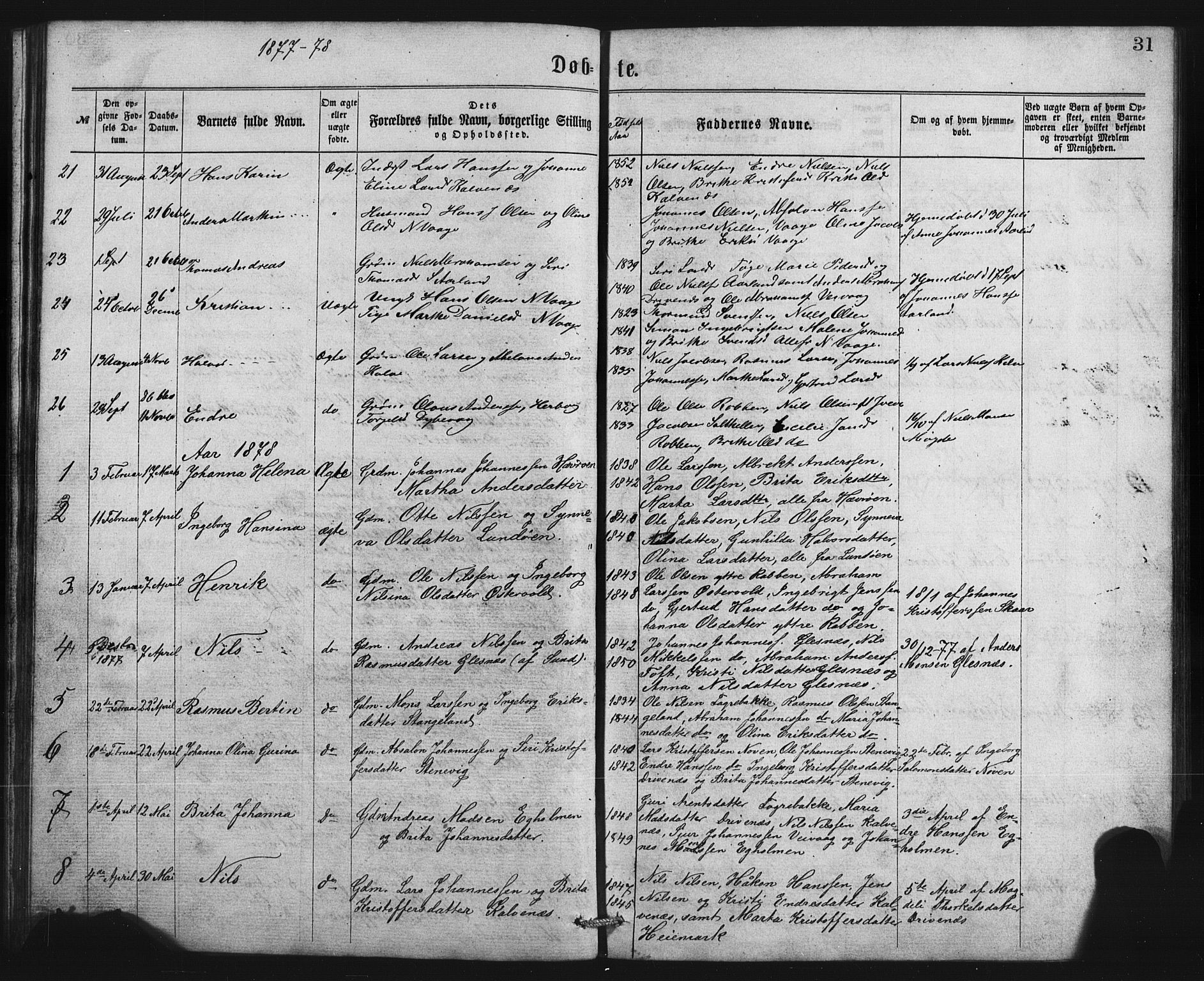 Austevoll Sokneprestembete, SAB/A-74201/H/Hab: Parish register (copy) no. B 2, 1865-1878, p. 31