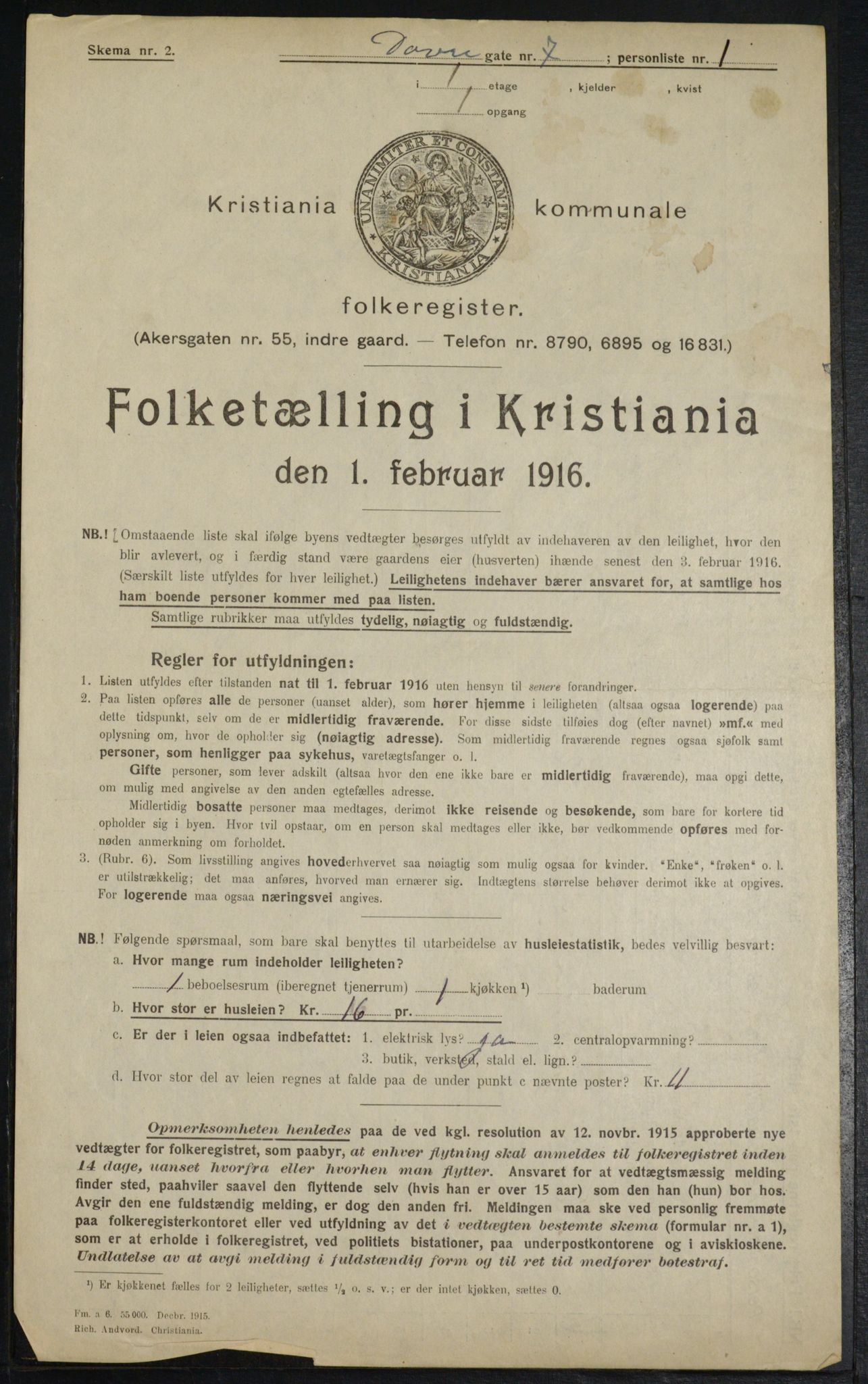 OBA, Municipal Census 1916 for Kristiania, 1916, p. 16319