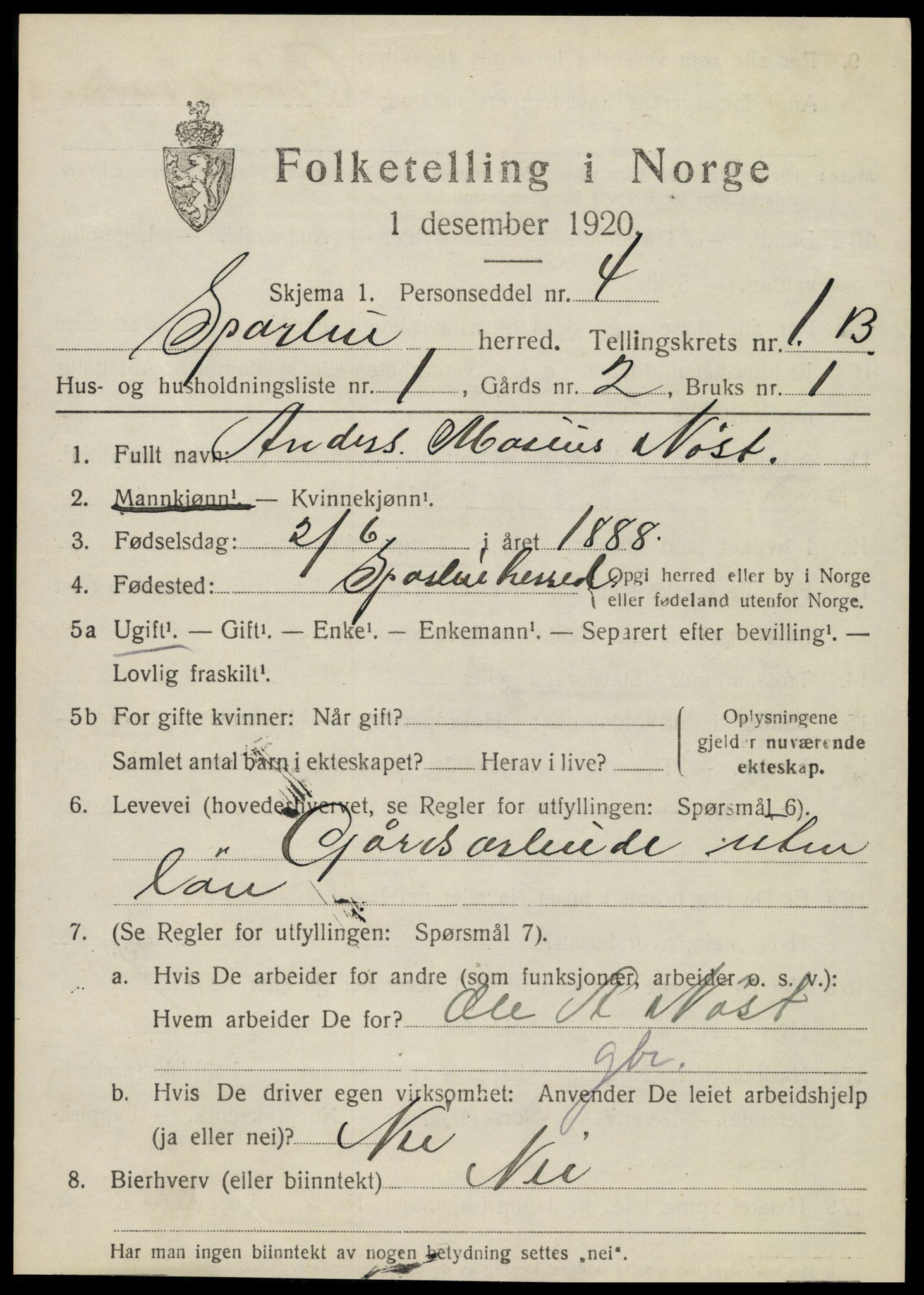 SAT, 1920 census for Sparbu, 1920, p. 1937
