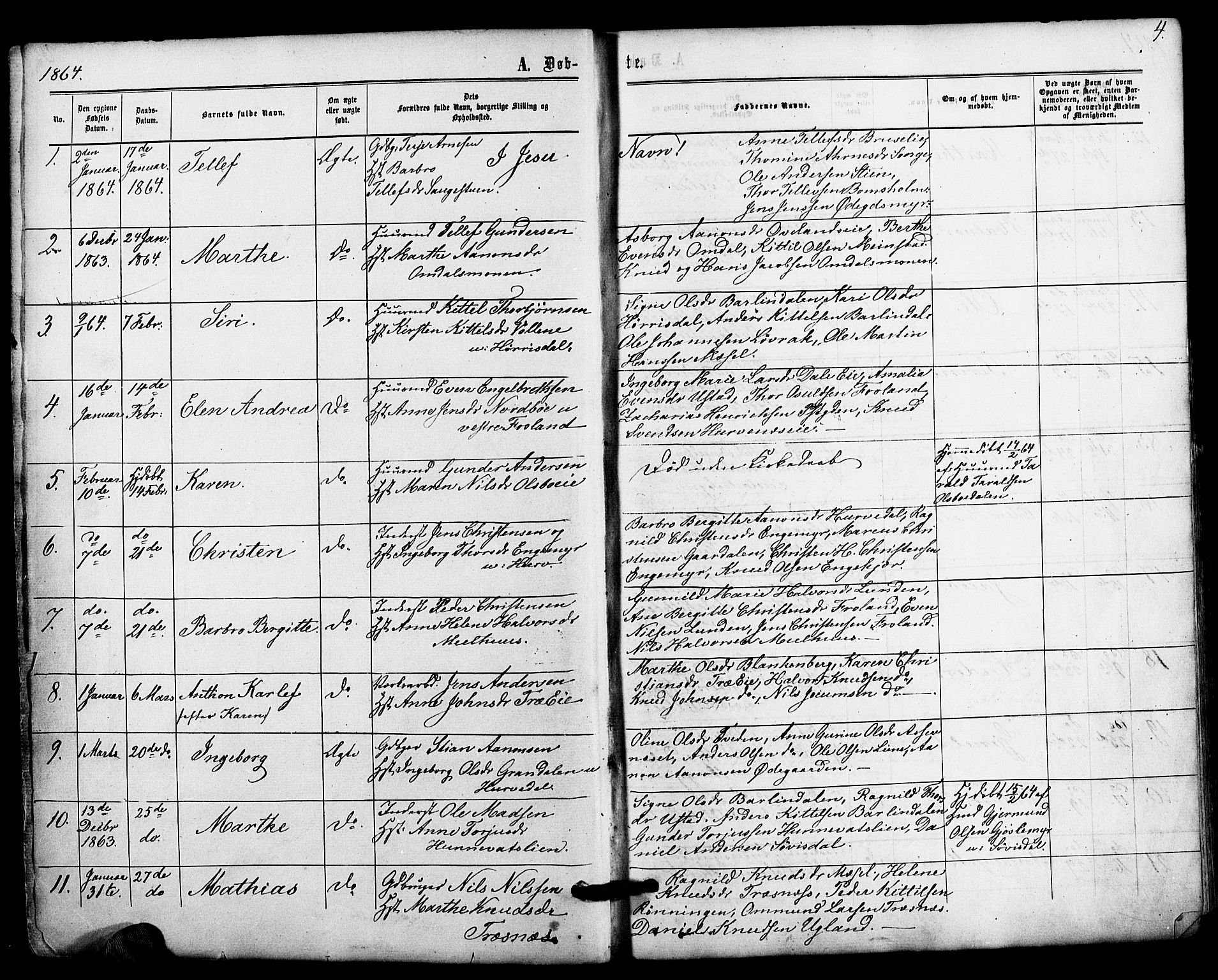 Froland sokneprestkontor, SAK/1111-0013/F/Fa/L0003: Parish register (official) no. A 3, 1864-1881, p. 4