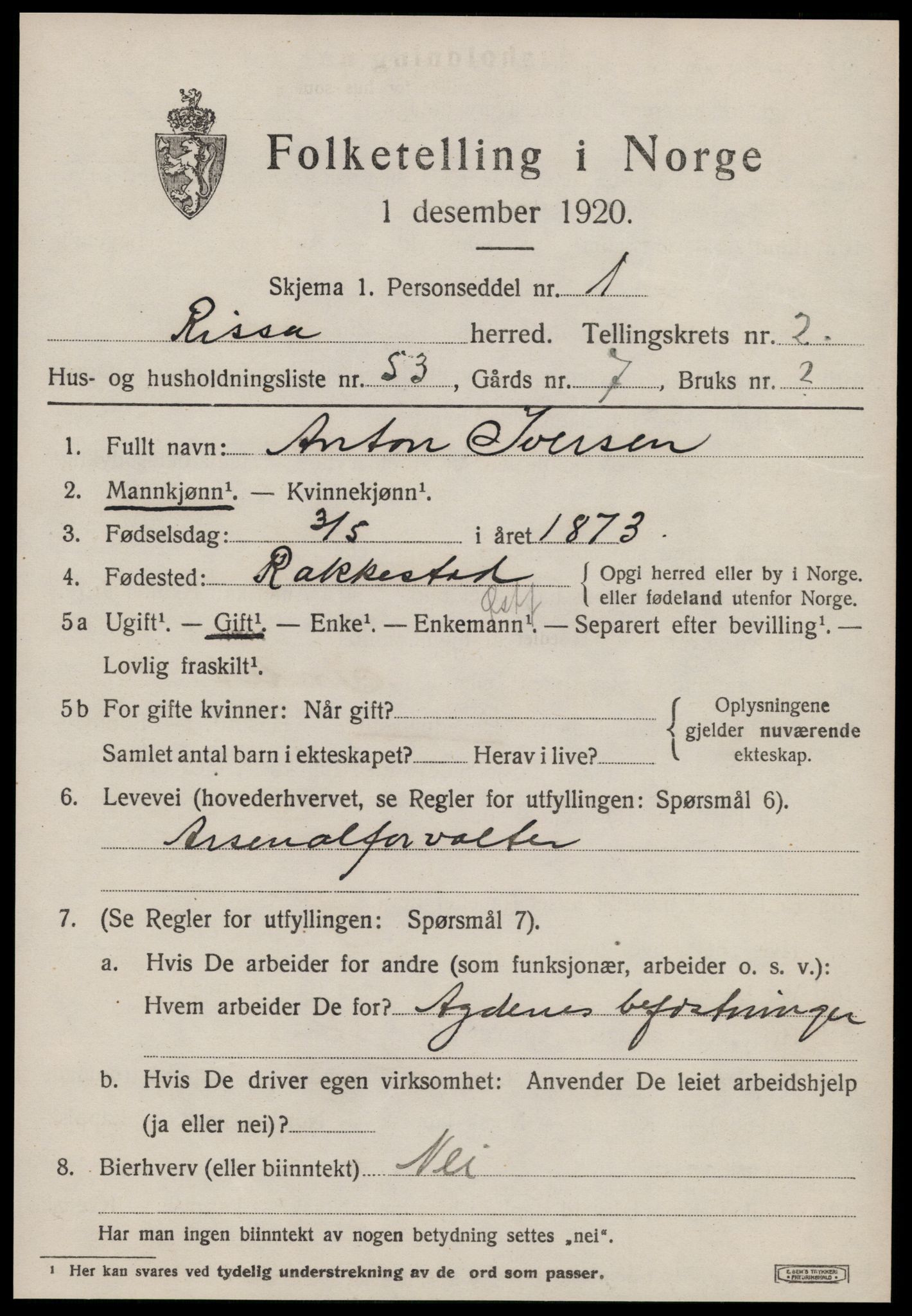 SAT, 1920 census for Rissa, 1920, p. 2319