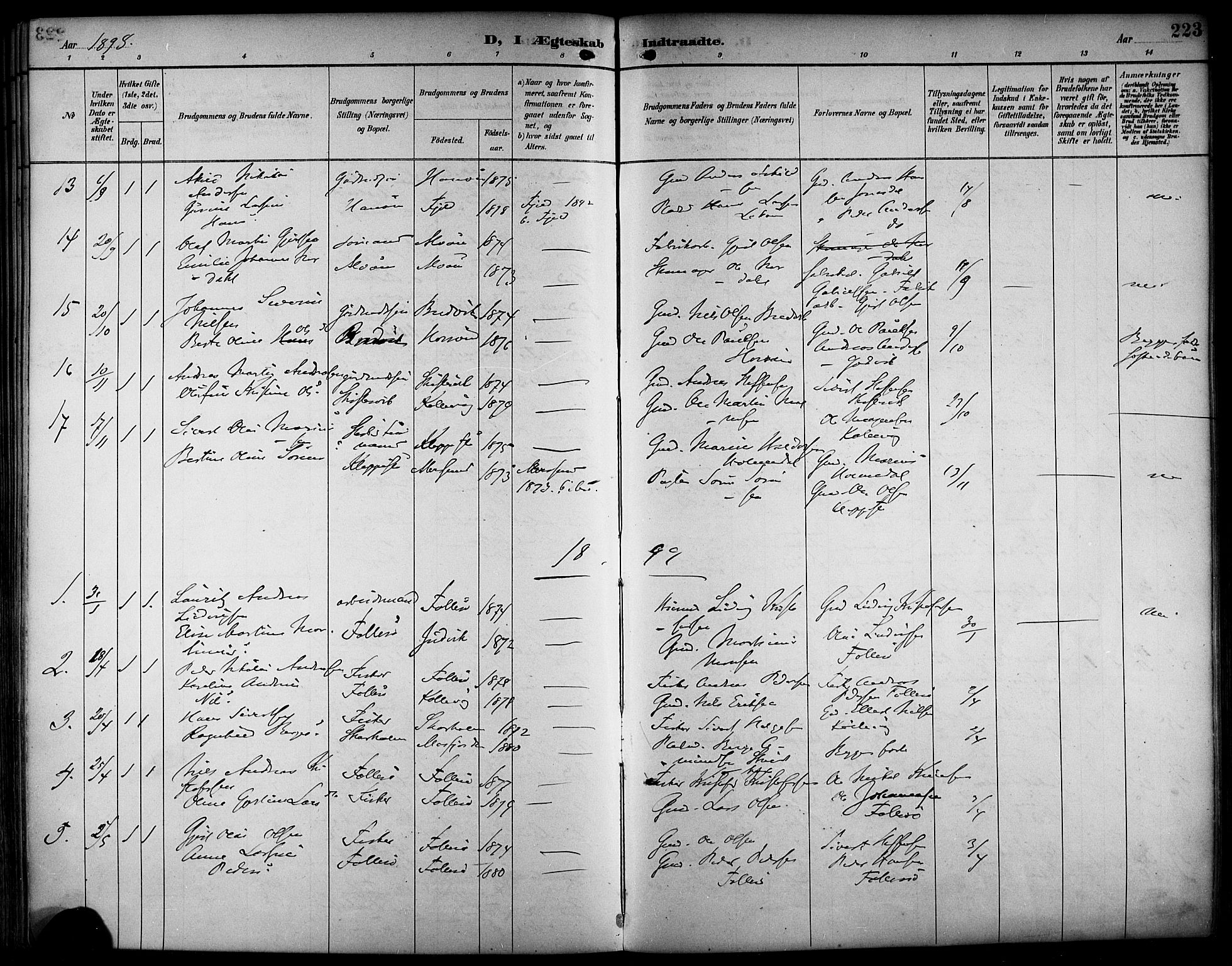 Askøy Sokneprestembete, SAB/A-74101/H/Ha/Haa/Haab/L0002: Parish register (official) no. B 2, 1889-1902, p. 223