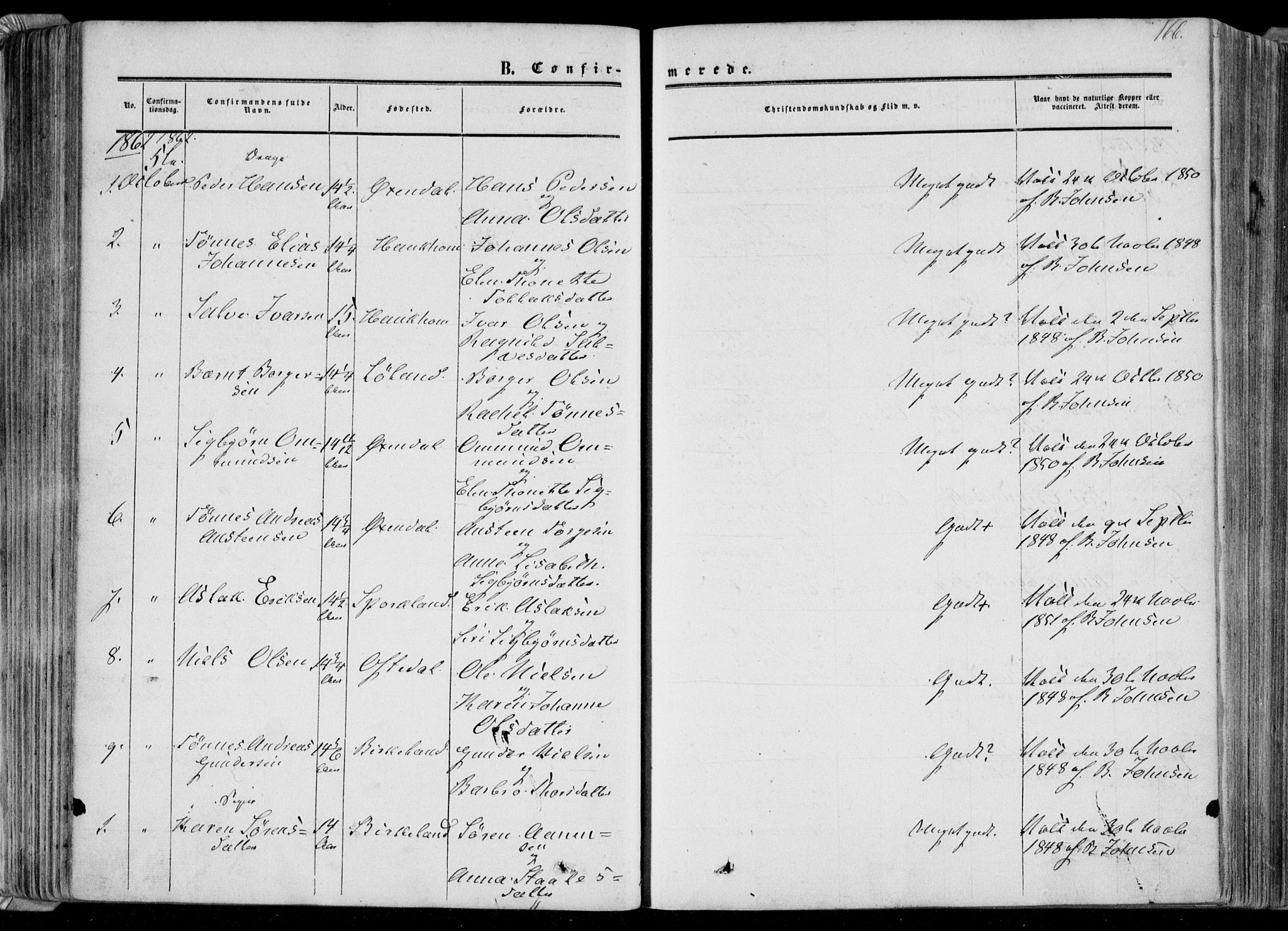 Bakke sokneprestkontor, SAK/1111-0002/F/Fa/Faa/L0006: Parish register (official) no. A 6, 1855-1877, p. 166