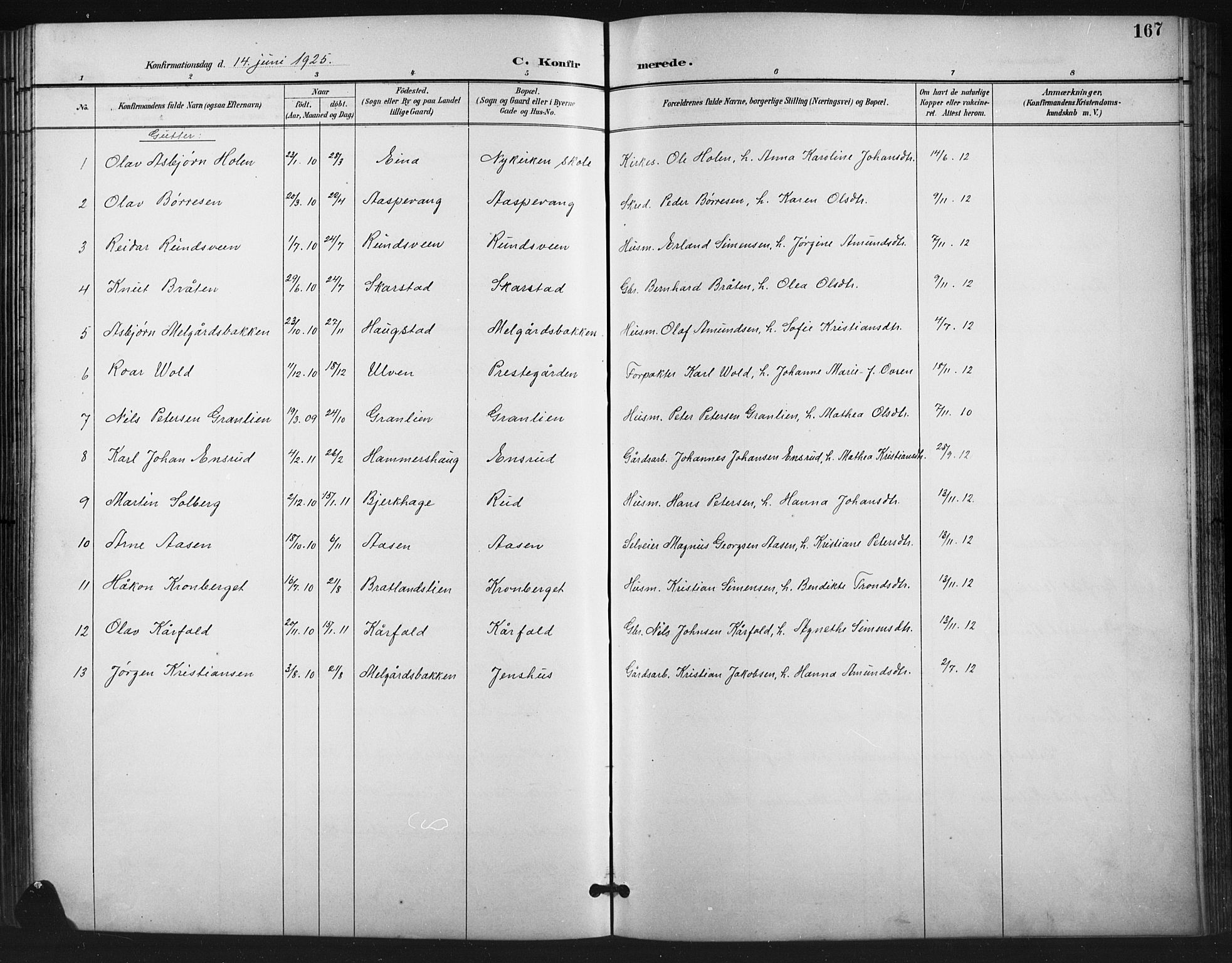 Vestre Gausdal prestekontor, SAH/PREST-094/H/Ha/Hab/L0003: Parish register (copy) no. 3, 1896-1925, p. 167