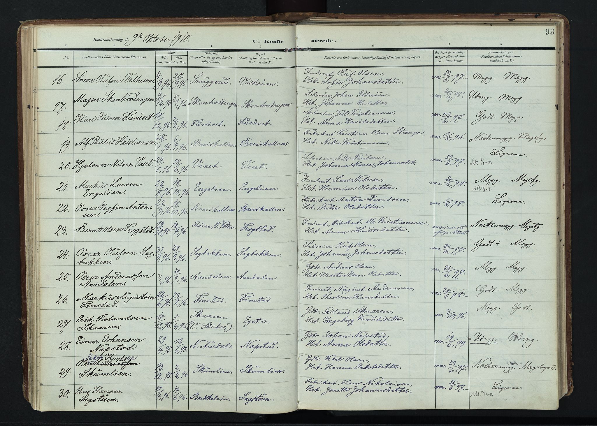 Vardal prestekontor, AV/SAH-PREST-100/H/Ha/Haa/L0020: Parish register (official) no. 20, 1907-1921, p. 93