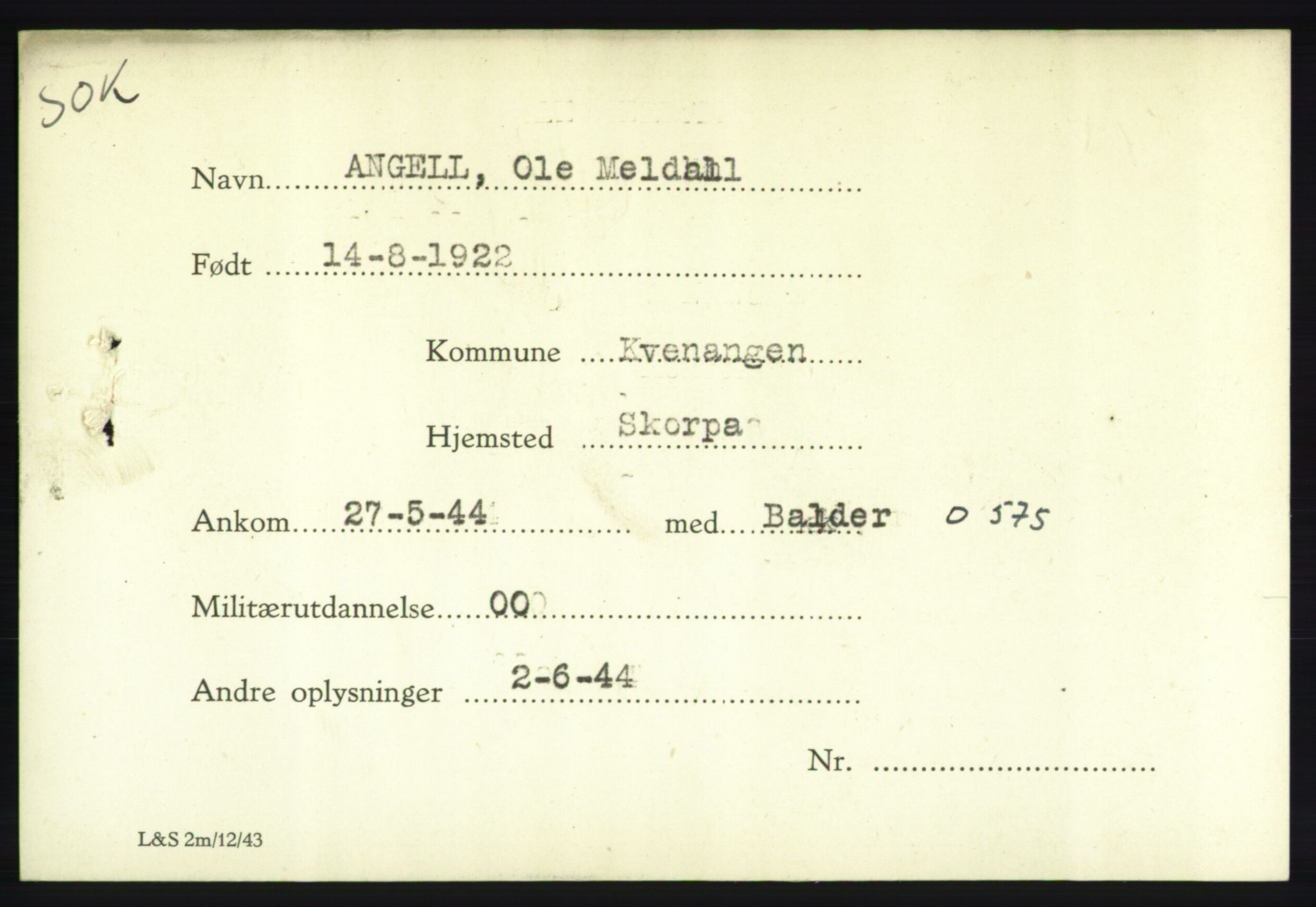 Forsvarets Overkommando. 2. kontor. Arkiv 8.1. Mottakersentralen FDE og FO.II, AV/RA-RAFA-6952/P/Pa/L0002: Angell - Beylegaard , 1940-1945, p. 4