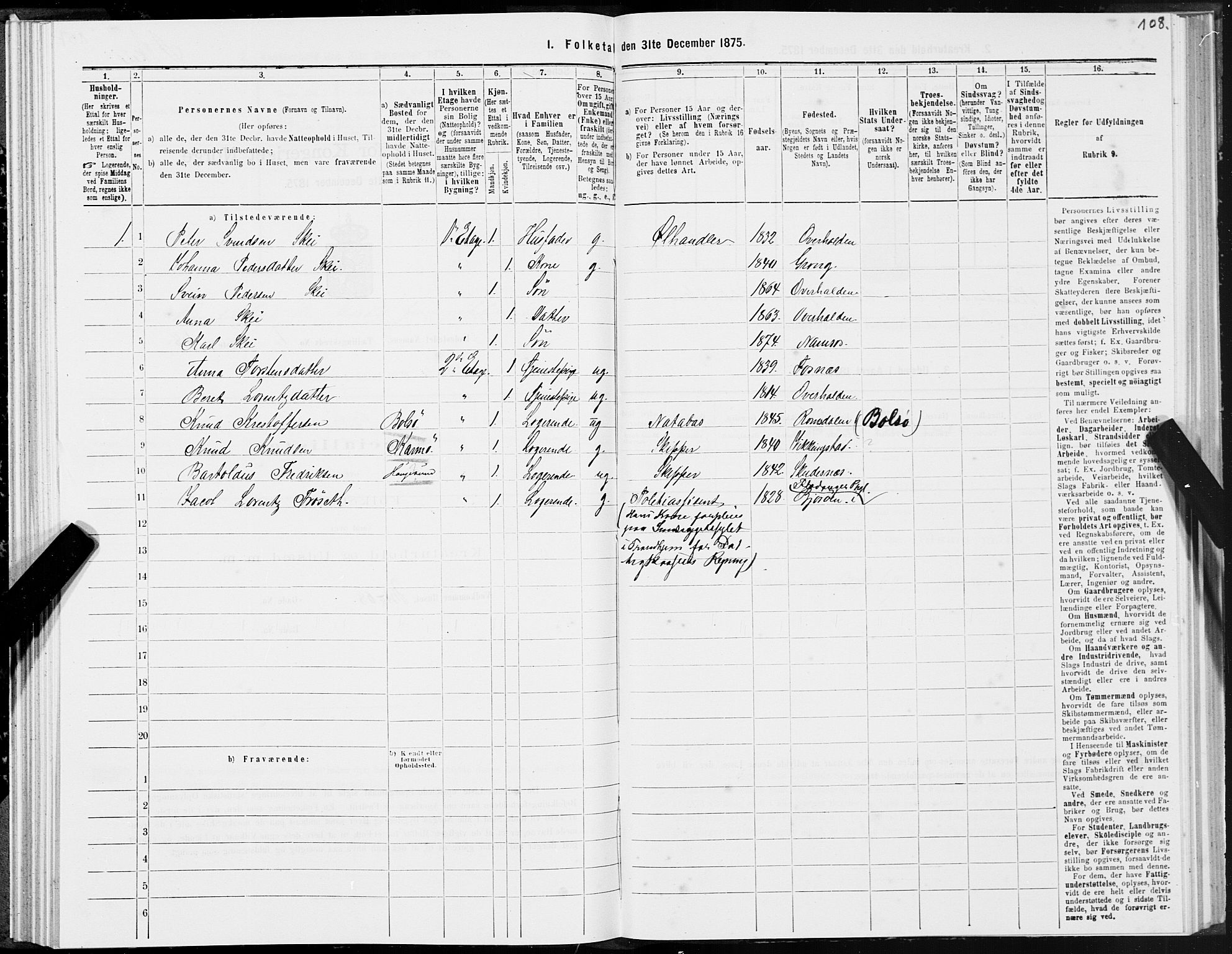 SAT, 1875 census for 1703B Namsos/Namsos, 1875, p. 108